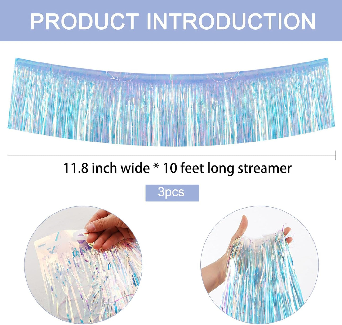 BEISHIDA 3 Packs 30 Feet Metallic Foil Fringe Garland Tinsel Streamers，Iridescent Blue Wall Hanging Tinsel Fringe Banners for Wedding Birthday Party Decoration Halloween Christmas New Year