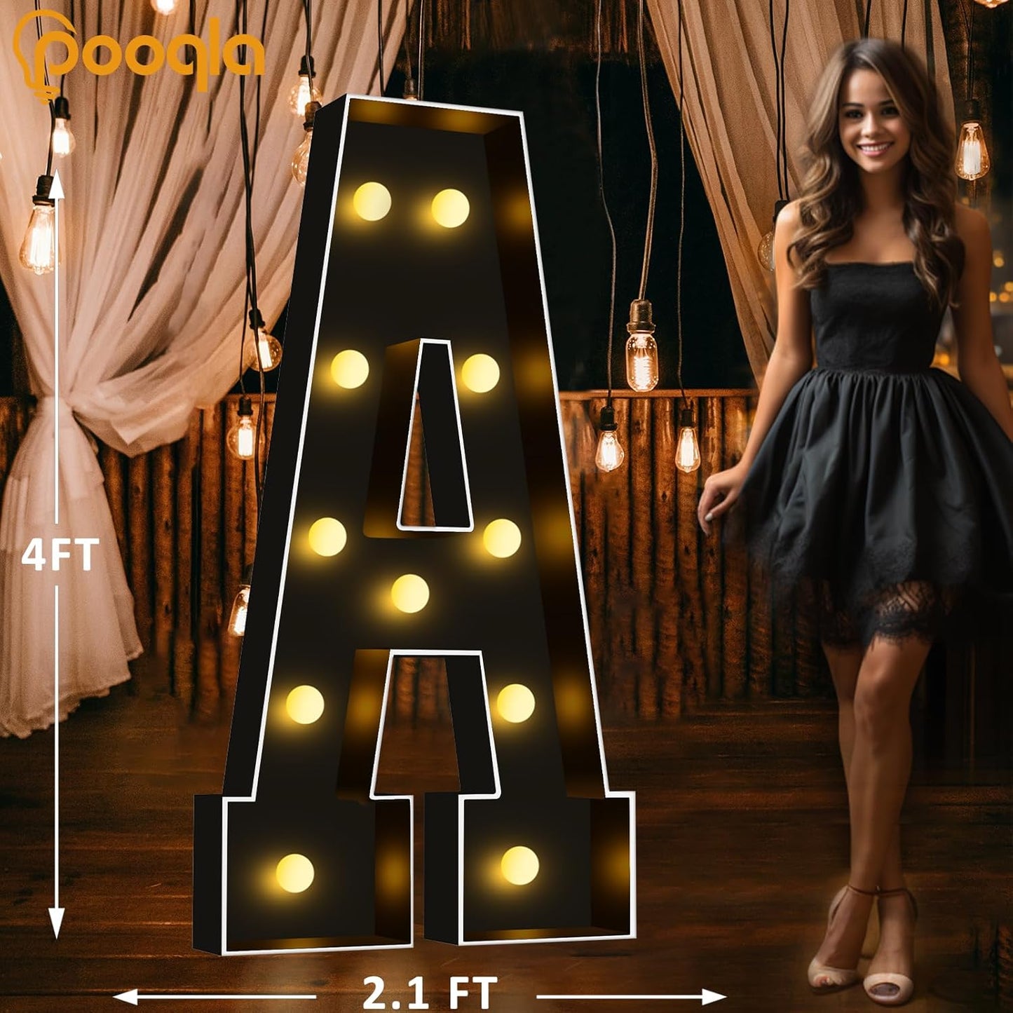 Pooqla 4 FT Marquee Light Up Letters, Giant Sign Black Marquee Letter Lights, 4 Feet Tall Big Mosaic Letters for Balloons Birthday Party Anniversary Wedding Decorations, Warm White A