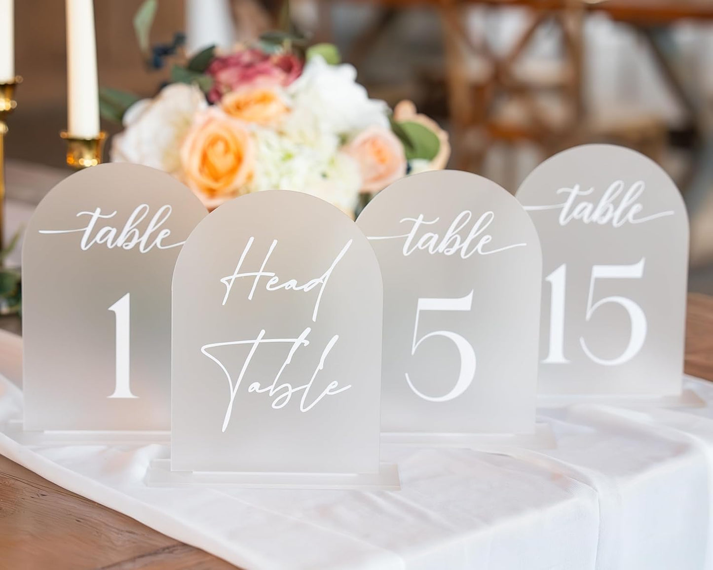 Frosted Arch Acrylic Table Numbers for Wedding Reception - 5" x 7" White Font Centerpiece Set with Holder Stands & Head Table Sign - Anniversary, Event, Party, Wedding set1-10