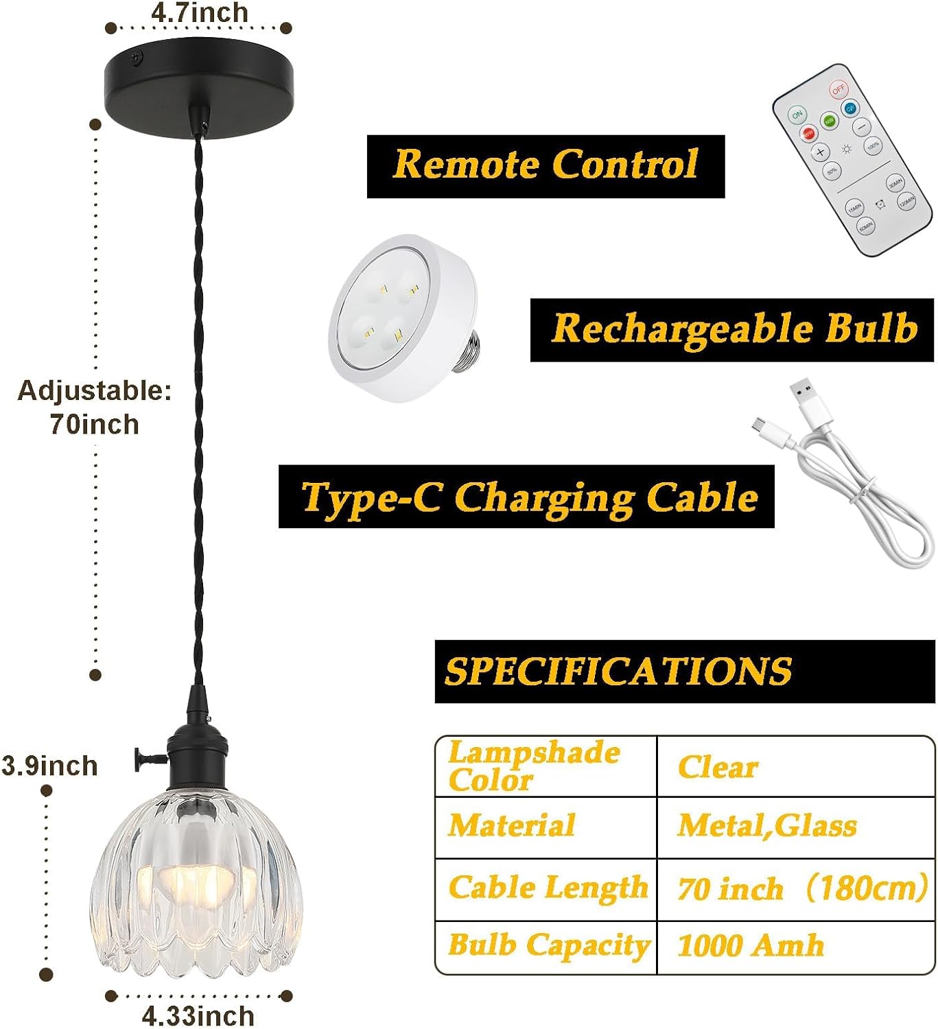 Vintage Black Rechargeable Pendant Light with 70 Inch Cord and Exquisite Tulip Clear Glass Shade for Kitchen Island, Living Room & Dining Room, Ideal Hanging Light for Multiple Spaces