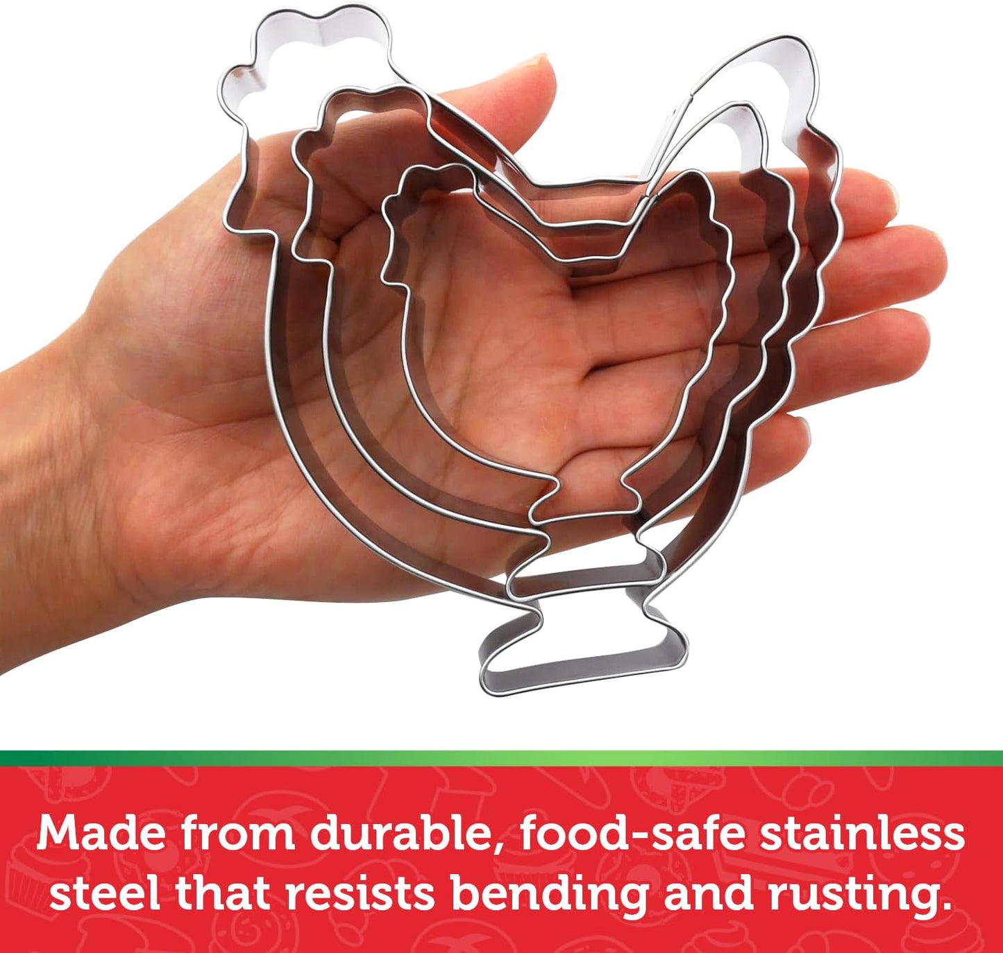 Chicken Cookie Cutter Set – Sharp & Stainless Steel Cooking Utensils – A Fun Fit for Sandwiches, Pancakes, Fruits & Crafts – Dishwasher-Safe 3-Piece Bakery Supplies by Sweet Cookie Crumbs