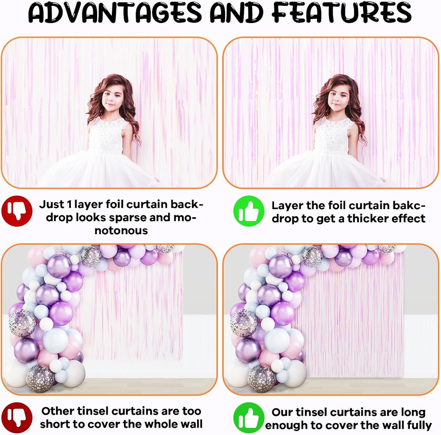 2 Pack Iridescent Tinsel Foil Fringe Curtains, Iridescent Party Decorations, Metallic Tinsel Party Streamers Backdrop for Mermaid Birthday Baby Shower Slumber Wedding Party Decorations