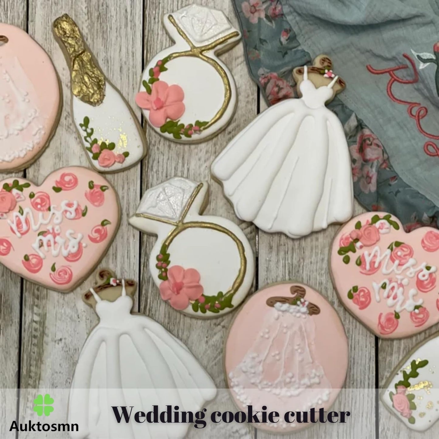 New Green Wedding Cookie Cutter Set-3 Pieces-Wedding Dress, Diamond Ring, Hexagon Cookie Cutter with Leaf-Dishwasher Safe Fondant Cookie Cutters