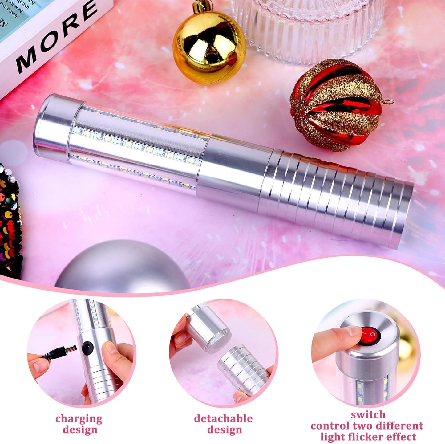 6 PCS Strobe Baton Light Bottle Service Lights Sparklers Reusable Champagne Bottles Handheld Light Topper for Bar Nightclub Wedding Birthday Party Concert (6 Silver)