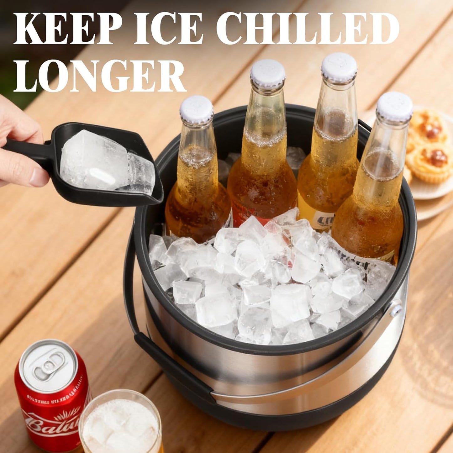5QT/4.8L Double-Wall Insulated Ice Bucket with Scoop & Lid,Large Capacity Stainless Steel Beverage Bucket for Party Cocktail Bar, Champagnes (Black