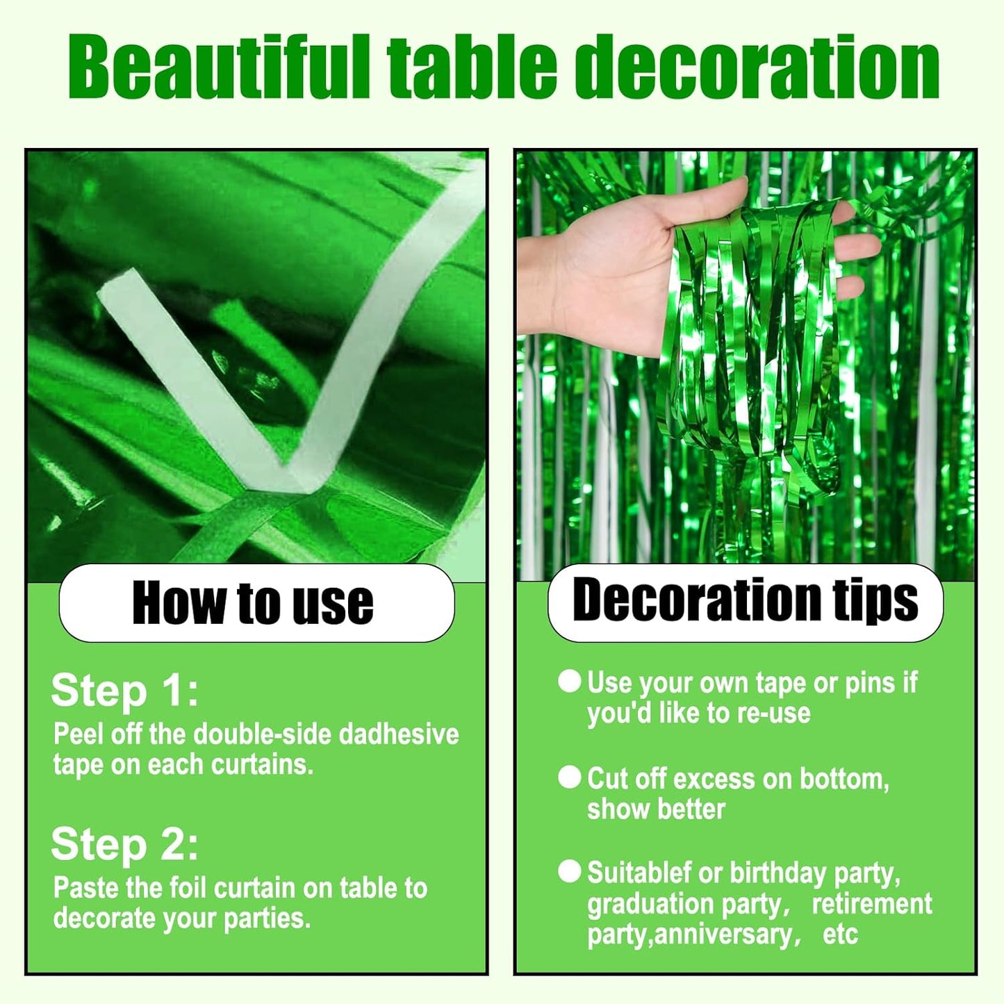 3 Pack 29 x108 Inch Green Foil Fringe Table Skirts Metallic Banner for Tinsel Streamer Garland Backdrop for Parade Floats Wedding Thanksgiving Birthday Christmas Halloween New Year Party Decoration