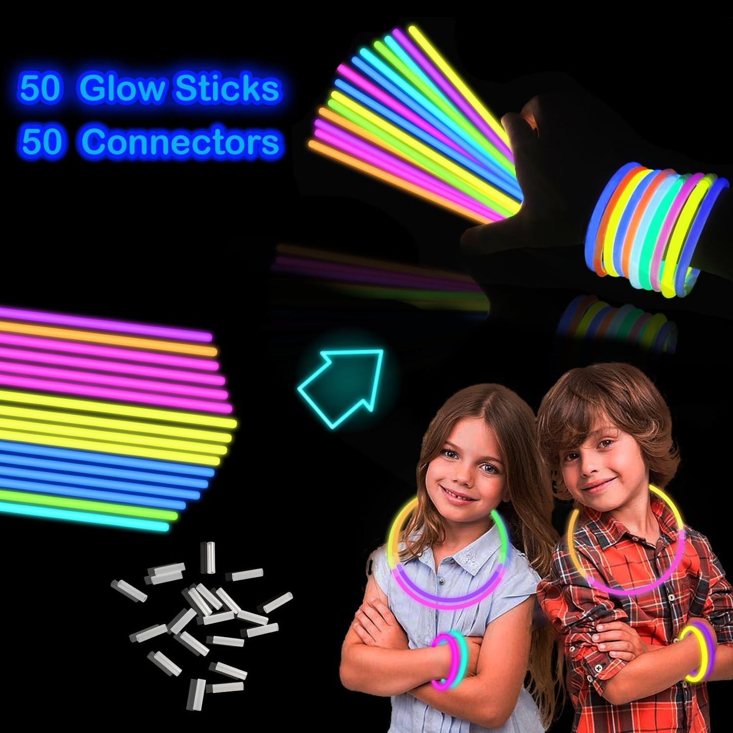 Halloween Glow Sticks Party Pack 8"-50, Light up Bracelets & Necklaces Accessories for Kids, Neon Glow in the Dark Party Favor Supplies Decoration for Birthday Camping Wedding Dance Parade Activities