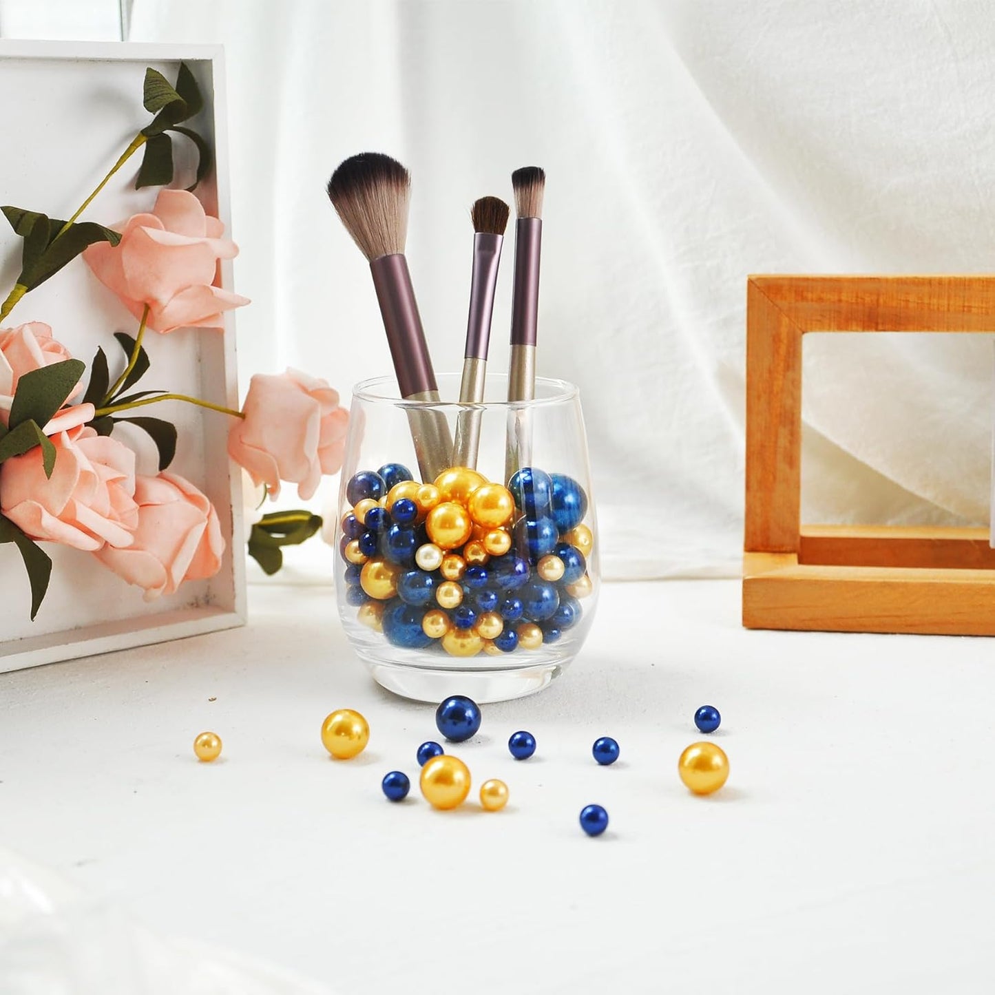 260Pcs Navyblue&Gold Glossy Beads for Centerpiece Decor, Artifical Pearls Vase Filler, No Hole Round Pearl Beads for Wedding Birthday Christmas Party Home Decor(18mm 14mm 6mm)