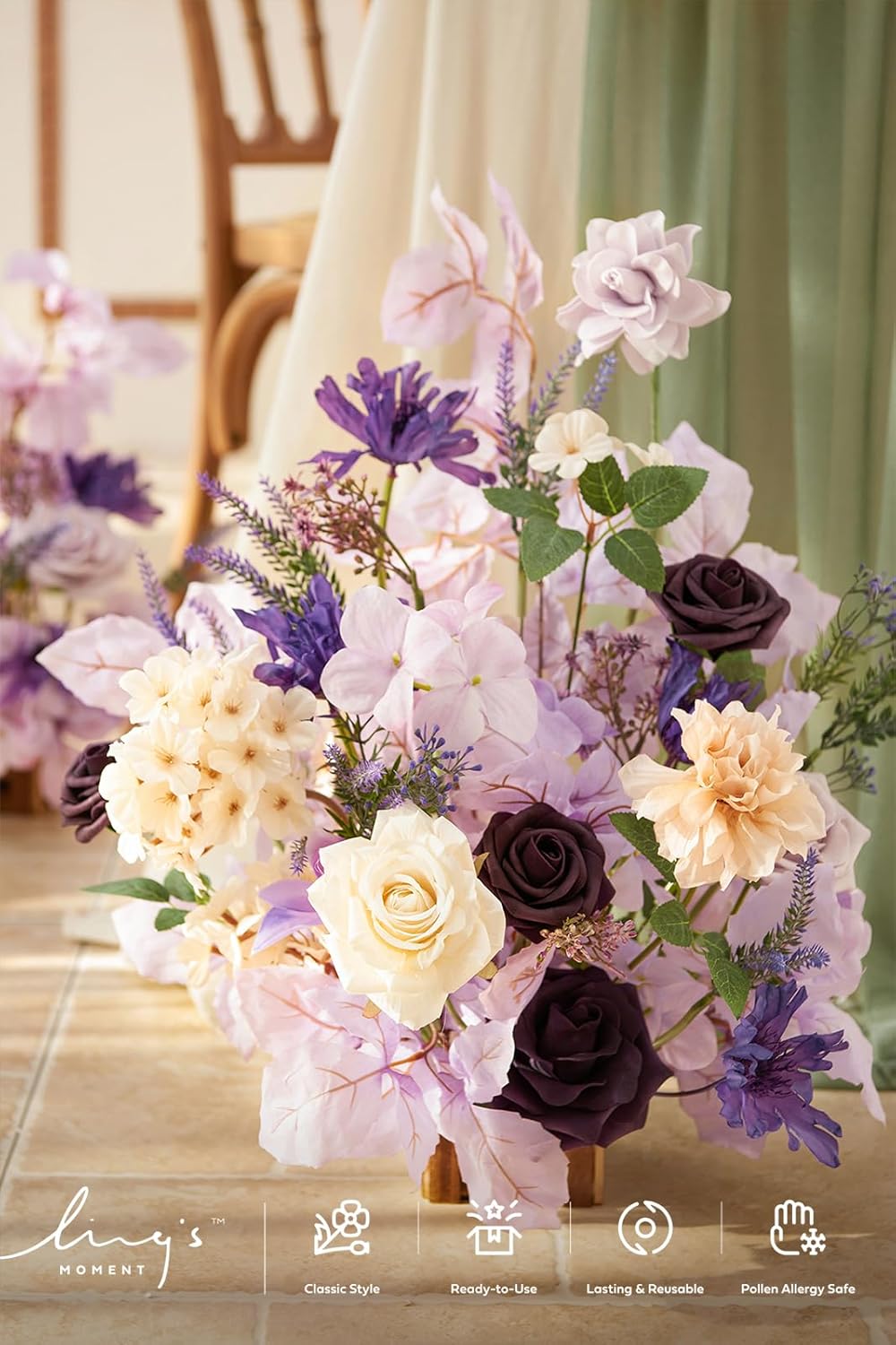 Ling's Moment 17.5" Tall Standing Artificial Flowers Arrangements 4 pcs Wedding Aisle Runner Chair Decorations French Lavender Plum Centerpieces Ceremony Reception Rose Floral Party Outdoor