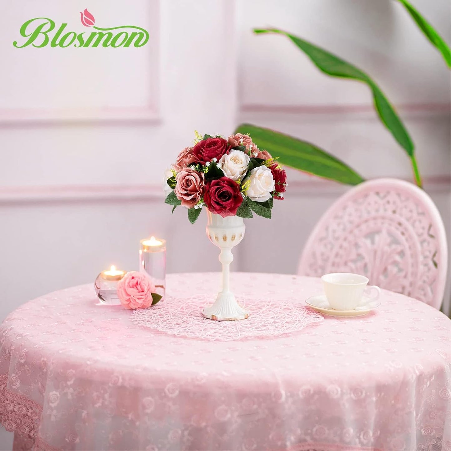 BLOSMON Flower Centerpieces Decoration for Table: 2 Pcs Burgundy & Dusty Rose & Creamy White Fake Roses Kissing Flower for Wedding - Artificial Silk Floral Arrangements Home Party DIY Decoration