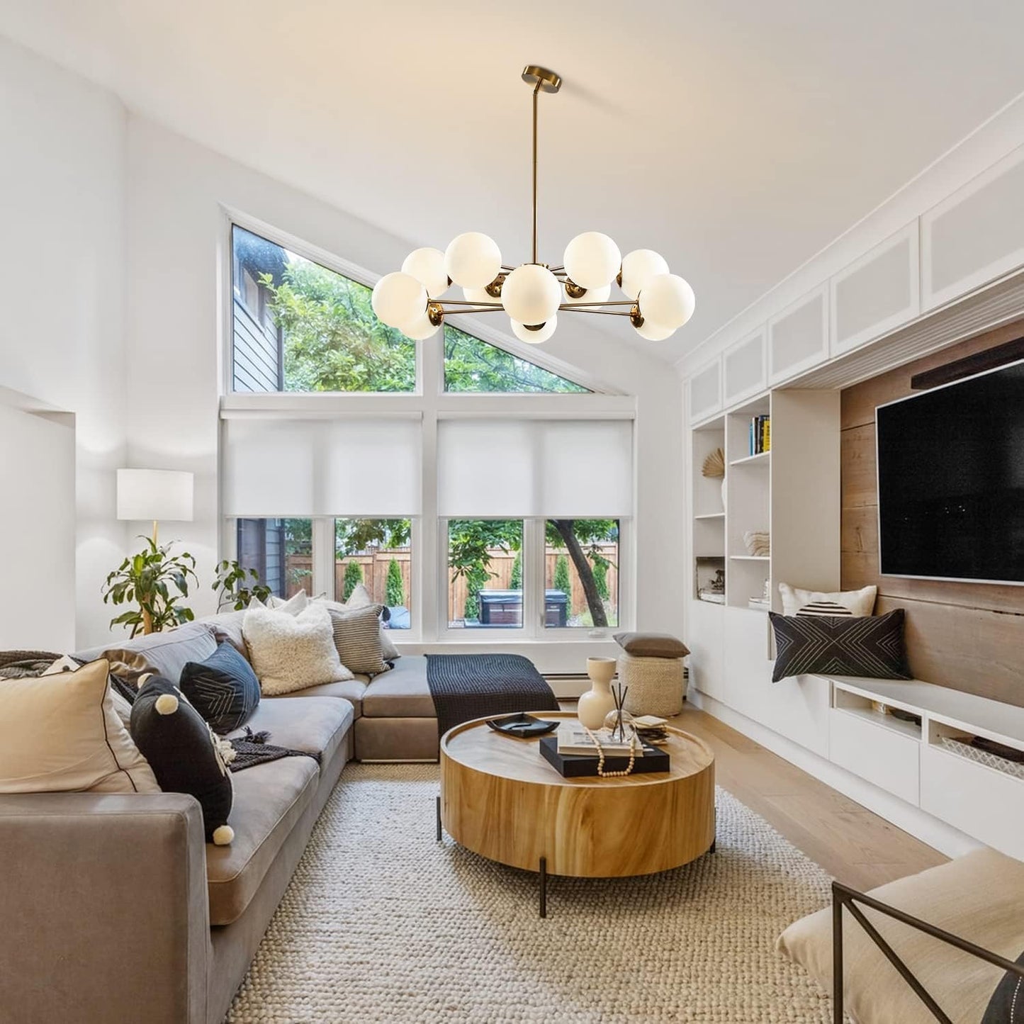 KCO Lighting 12-Light Glass Globe Sputnik Chandelier Light Fixture Mid Century Modern Chandeliers Brushed Brass Chandelier Milk White Glass Ceiling Light Fixture (Gold+White)