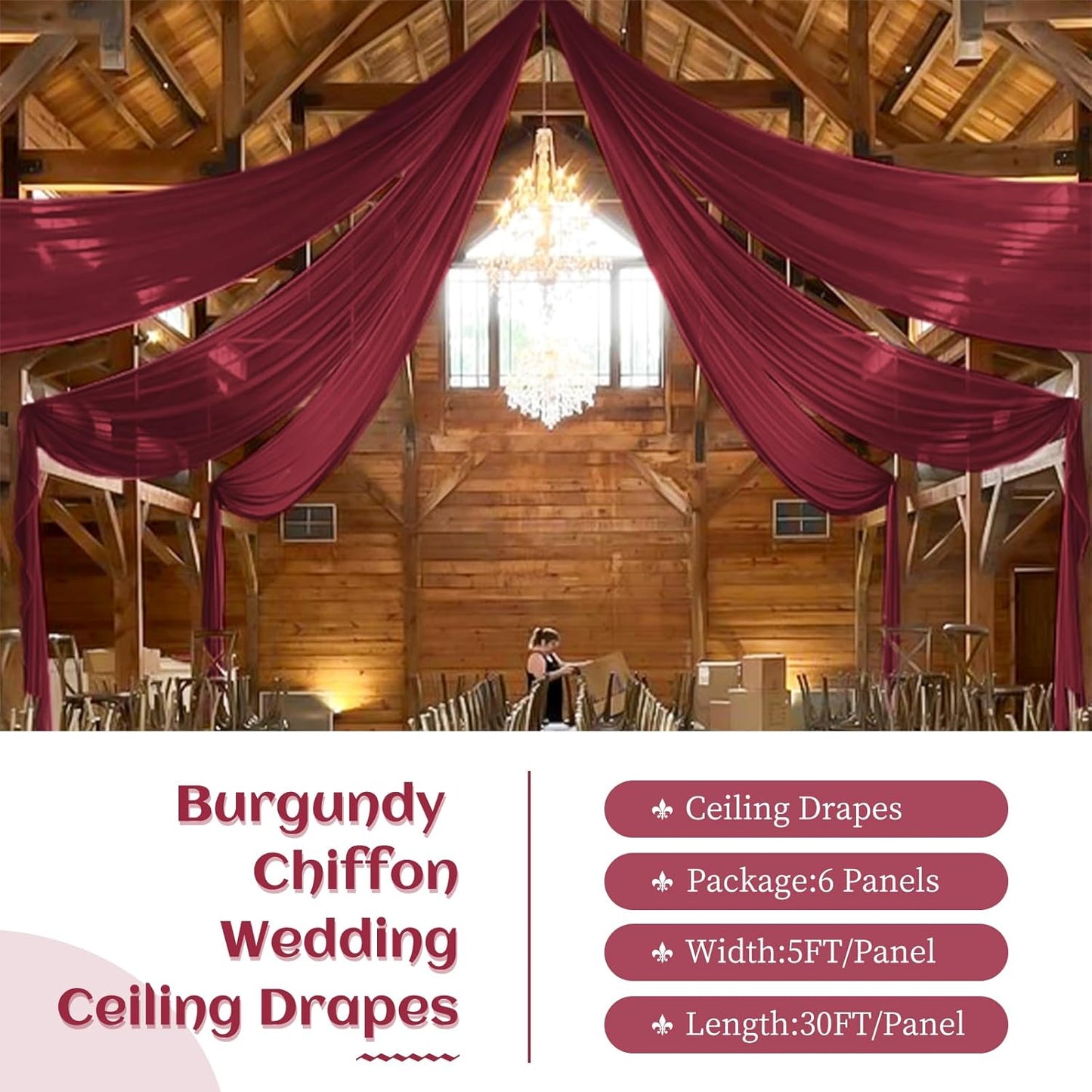 6 Panels Burgundy Wedding Ceiling Drapes 5ftx30ft Ceiling Drapes Chiffon Fabric Arch Draping Sheer Curtains Soft Drapery Draping Wedding Ceiling Decorations for Party Ceremony Stage Swag