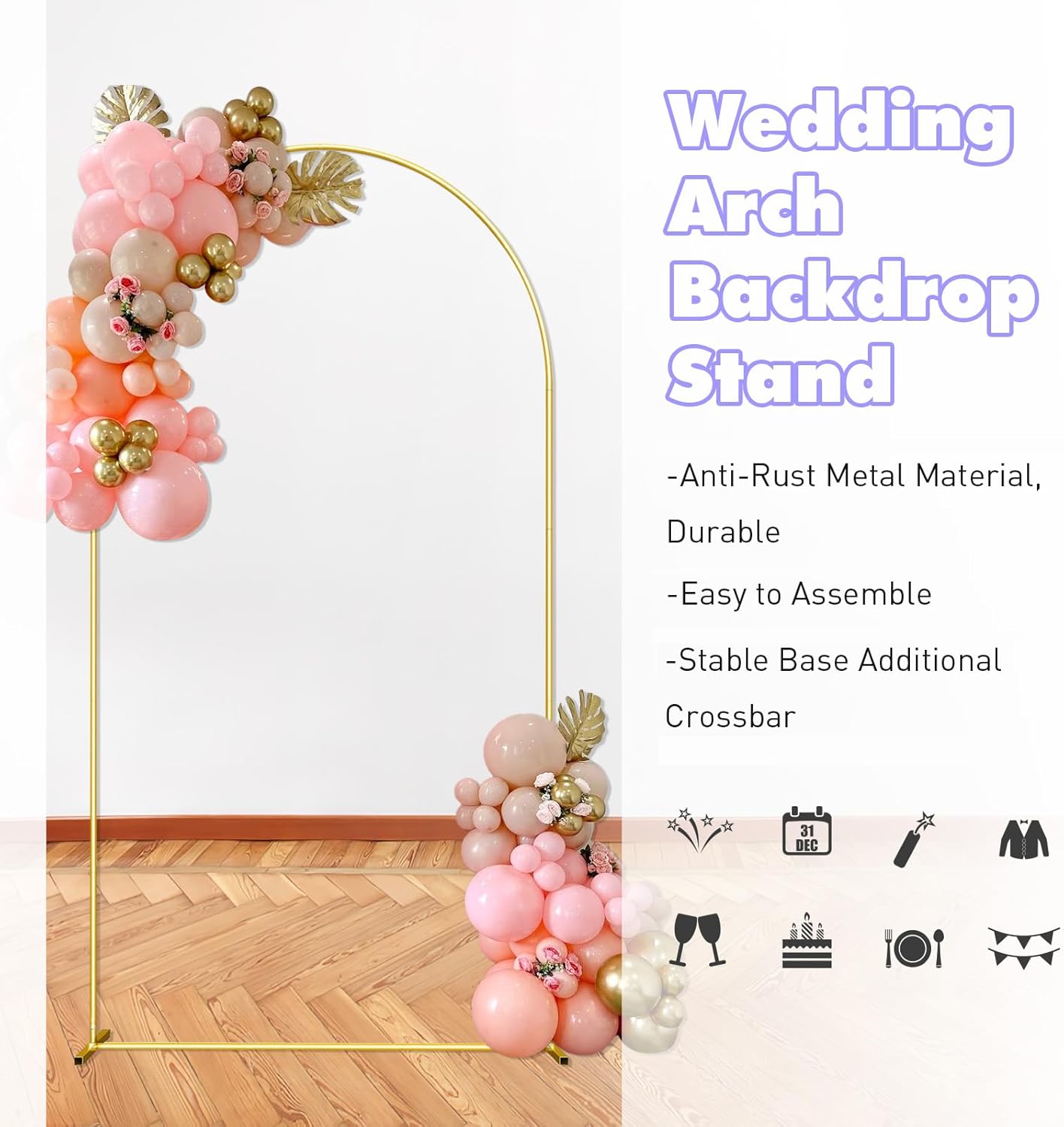 Wedding Arch Backdrop Stand 6.6FT Gold Wedding Balloon Arched Backdrop Stand Square Arch Frame for Birthday Party Bridal Baby Shower Ceremony Decoration