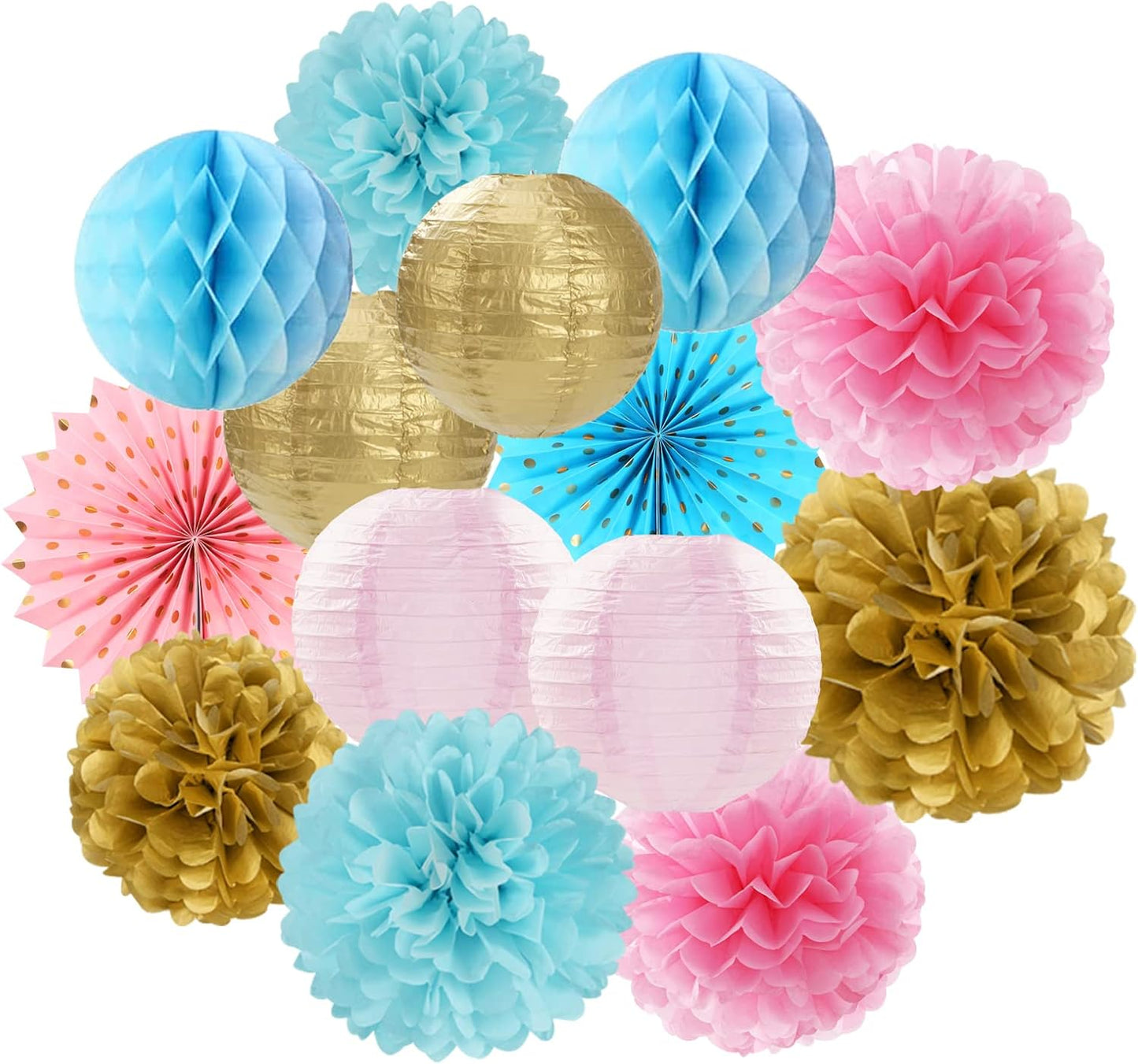 Pink Blue-Gold Party-Decorations Streamers Lanterns - 14pcs Gender Reveal Boy or Girl Birthday Paper Lanterns Fan,Tissue Pom Poms Streamer, Honeycomb Balls Decor