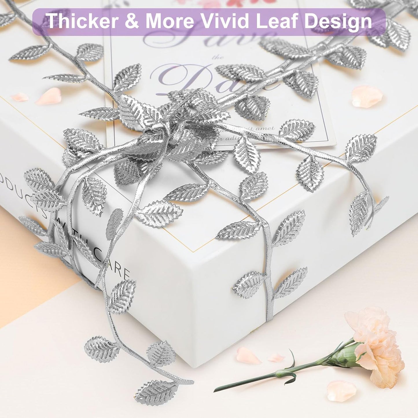 Naidiler Leaf Ribbon, Artificial Vines Leaves String Trim Ribbon Wild Jungle Botanical Greenery for Baby Shower Party Wedding Home Wreaths & DIY Craft (Silver 120Ft)