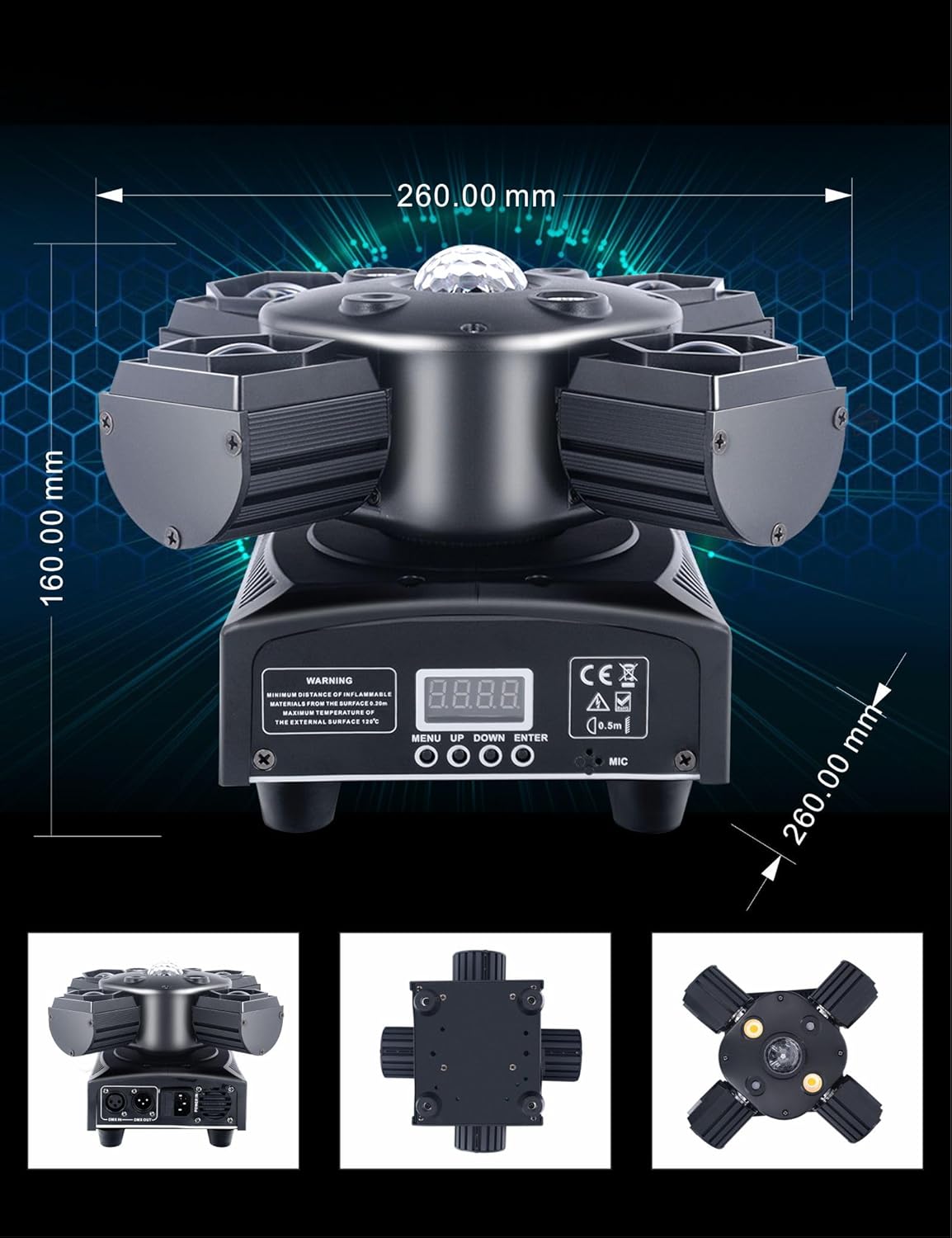 Professional DJ Lights 4-in-1 Moving Head with Red Green Laser & Golden Effects – DMX512/Sound-Activated Control, Auto Modes for Stage, Club, Party Lighting