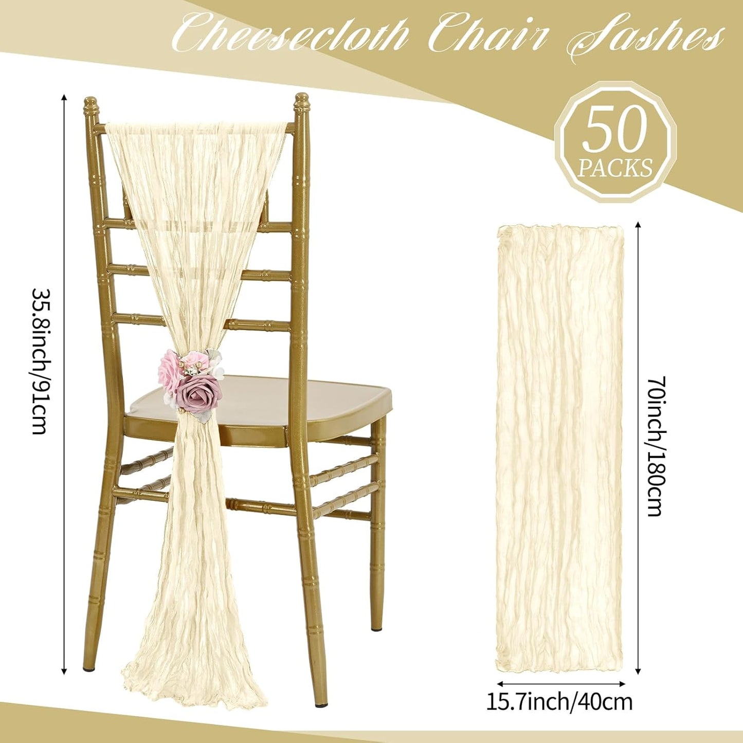 50 PCS Cheesecloth Chair Sashes, Bows Designed ChairSashes, 15.7x70 inch Chair Sashes for Aisle Decorations Universal Chairs Cover Decoration for Wedding Reception Party Banquet (Ivory)
