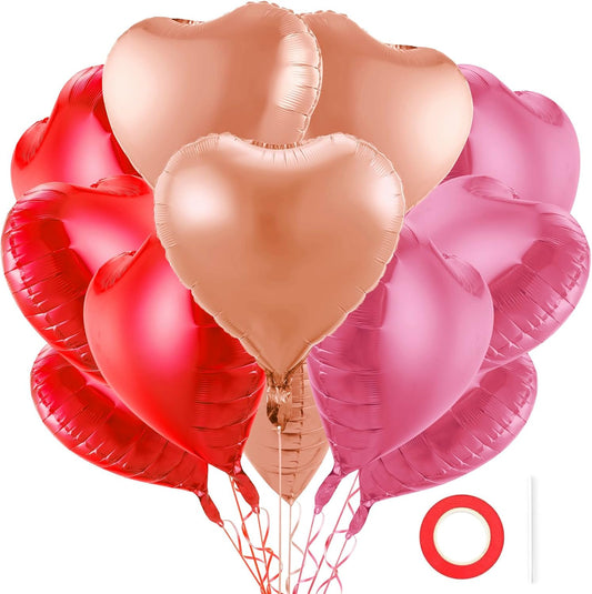 12Pcs Red Pink Champagne Gold Heart Balloons, 18 Inch Heart Shape Love Balloons for Valentine's Day, Wedding, Birthday Decorations
