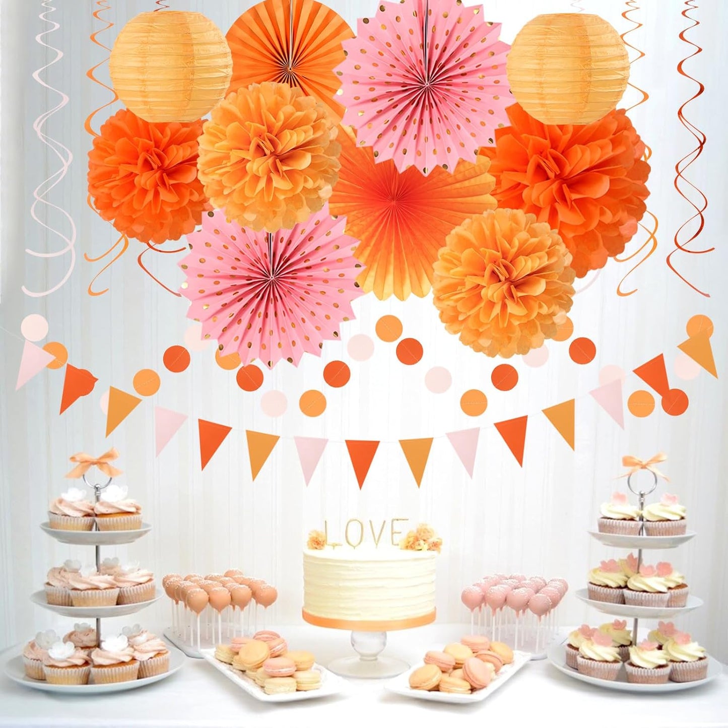Fall-Boho Pink-Orange Thanksgiving Party-Decorations - 33pcs Autumn Friendsgiving Banner,Streamers Tassel Garland,Birthday Tissue Pom Poms, Paper Lantern Fans,Baby Bridal Shower Hanging Decor Hugtmr