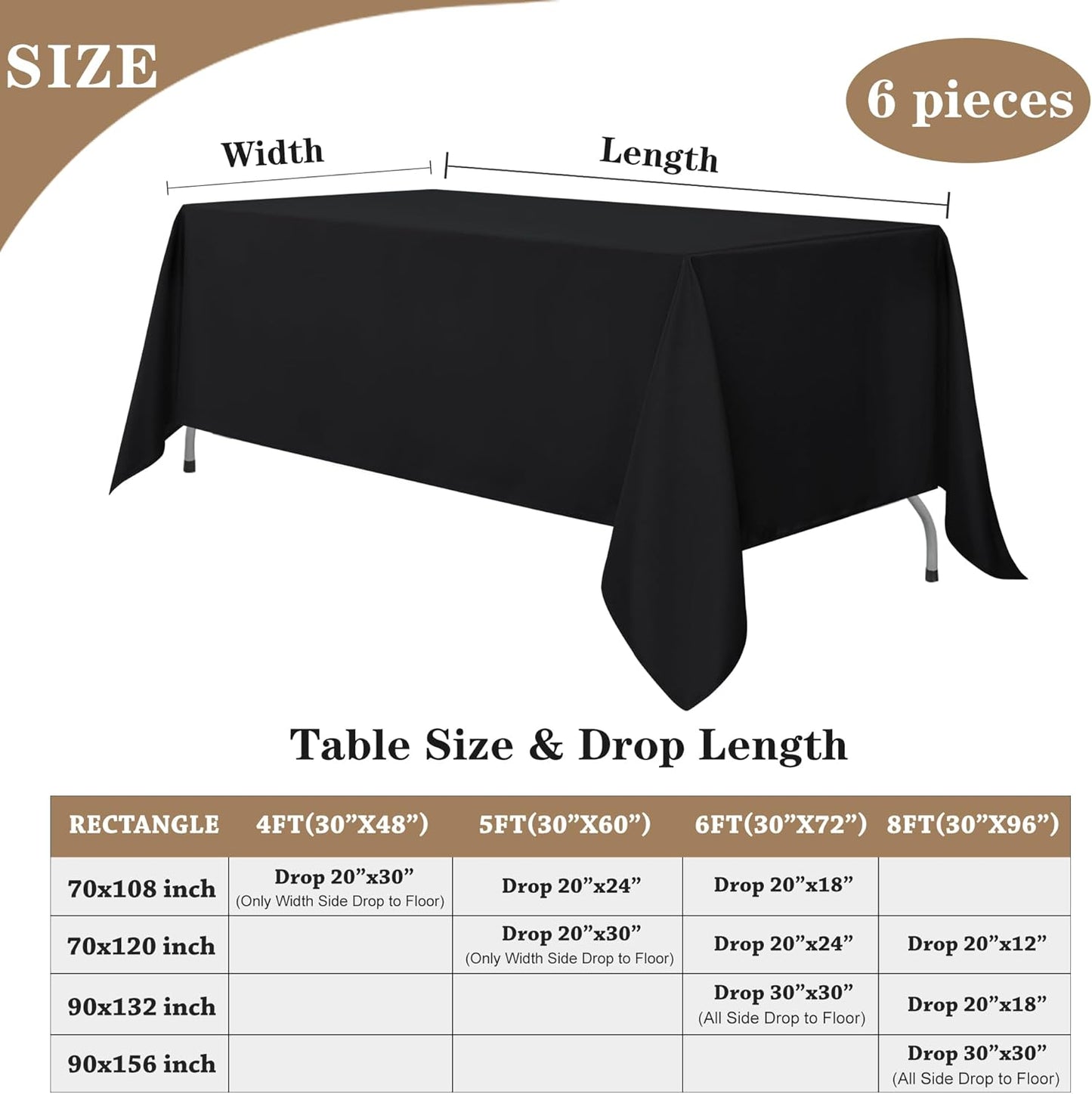 Fitable Black Tableclothes for Rectangle Tables, 6 Pack - 90 x 156 Inch - Reusable and Elegant Tablecloths, Polyester Fabric Table Covers for Wedding, Party, Banquet, Formal Events