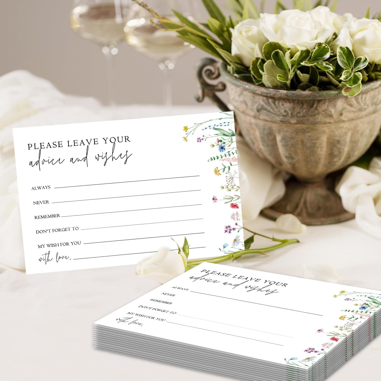 Wildflower Advice And Wishes Cards For The Mr And Mrs, Blank Well Wishes For Baby Shower, Bridal Shower And Graduation Party, Wedding Advice Cards 4x6, Pack of 25 -G15