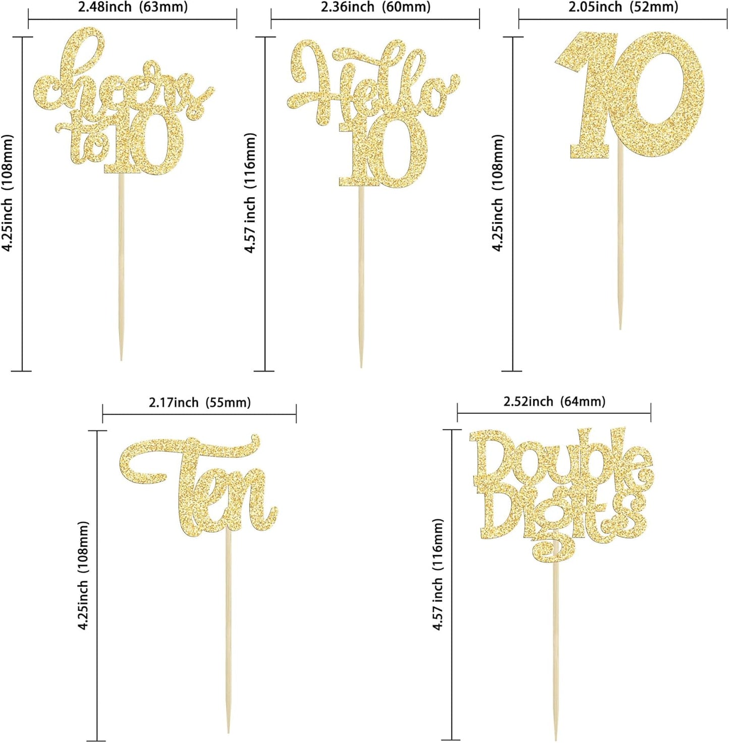 30Pcs 10th Birthday Cupcake Toppers Ten Double Hello 10 Cupcake Picks Cheers to 10 Years Old Cake Decorations for 10th Birthday Party Supplies Gold Glitter