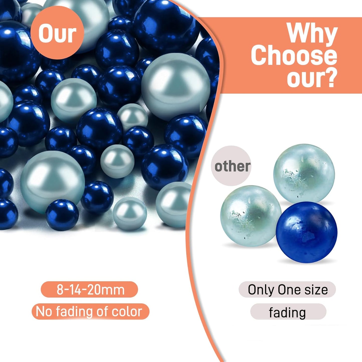 120 PCS 8/14/20mm No Hole Polish Pearl Beads for Centerpiece, Navy Blue & Light Blue Beads Decorative Vase Fillers, Plastics Pearls for Vases, Table Scatters, Wedding Party Decor