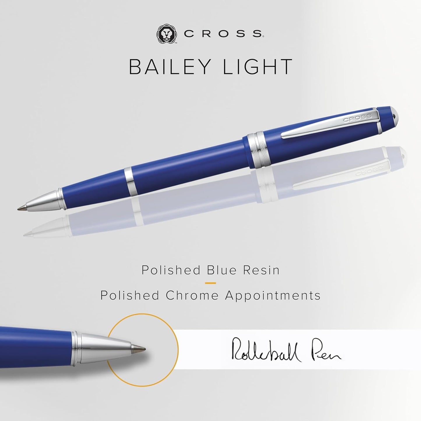Cross Bailey Light Refillable Rollerball Pen Presented in a Everyday Gift Box - Medium Point, Black Ink, Polished Blue