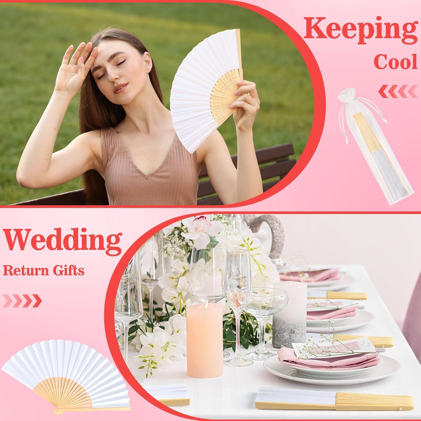 NEBURORA 24Pcs White Handheld Paper Fans 8.3 Inch Hand Held Bamboo Fans Foldable for Wedding Decoration Outdoor Party Favors DIY Decoration Dancing Photography Props
