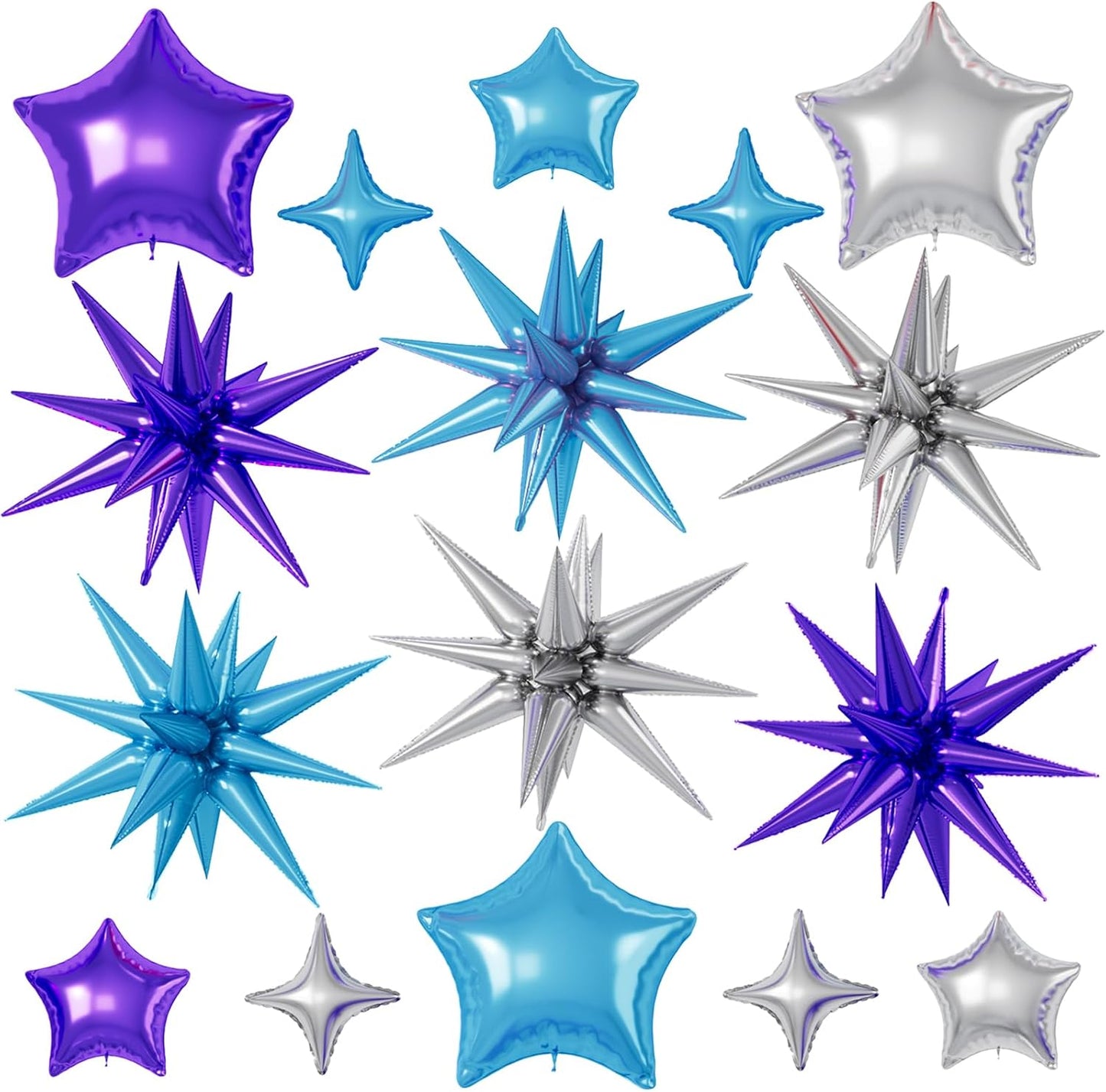 16 Pcs Blue Purple Silver Star Balloons, 22/18/10 Inch Foil Balloons, Four-Pointed Balloon for Boy Men Birthday Graduation Wedding Baby Shower Galaxy Space Party Decorations