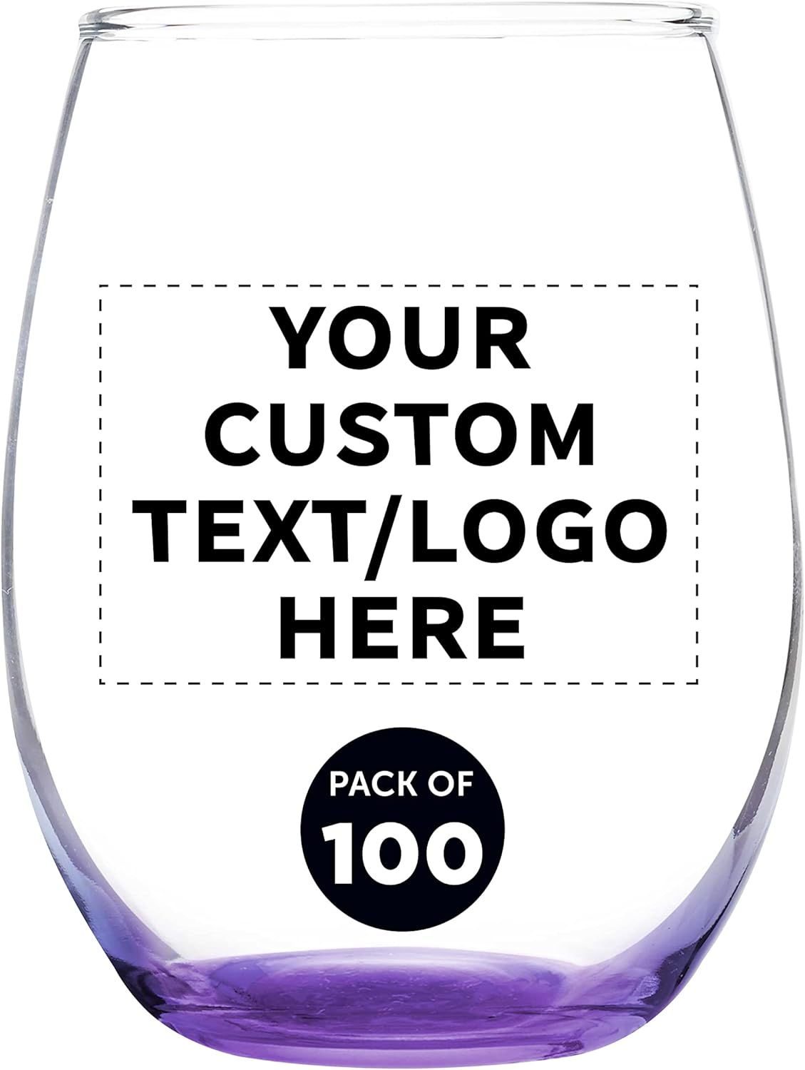 Custom Stemless Wine Glass 9 oz. Set of 100, Personalized Bulk Pack - Great for Wedding Favors, Bachelorette Party Decorations, Party Favors, Color Bottom - Purple