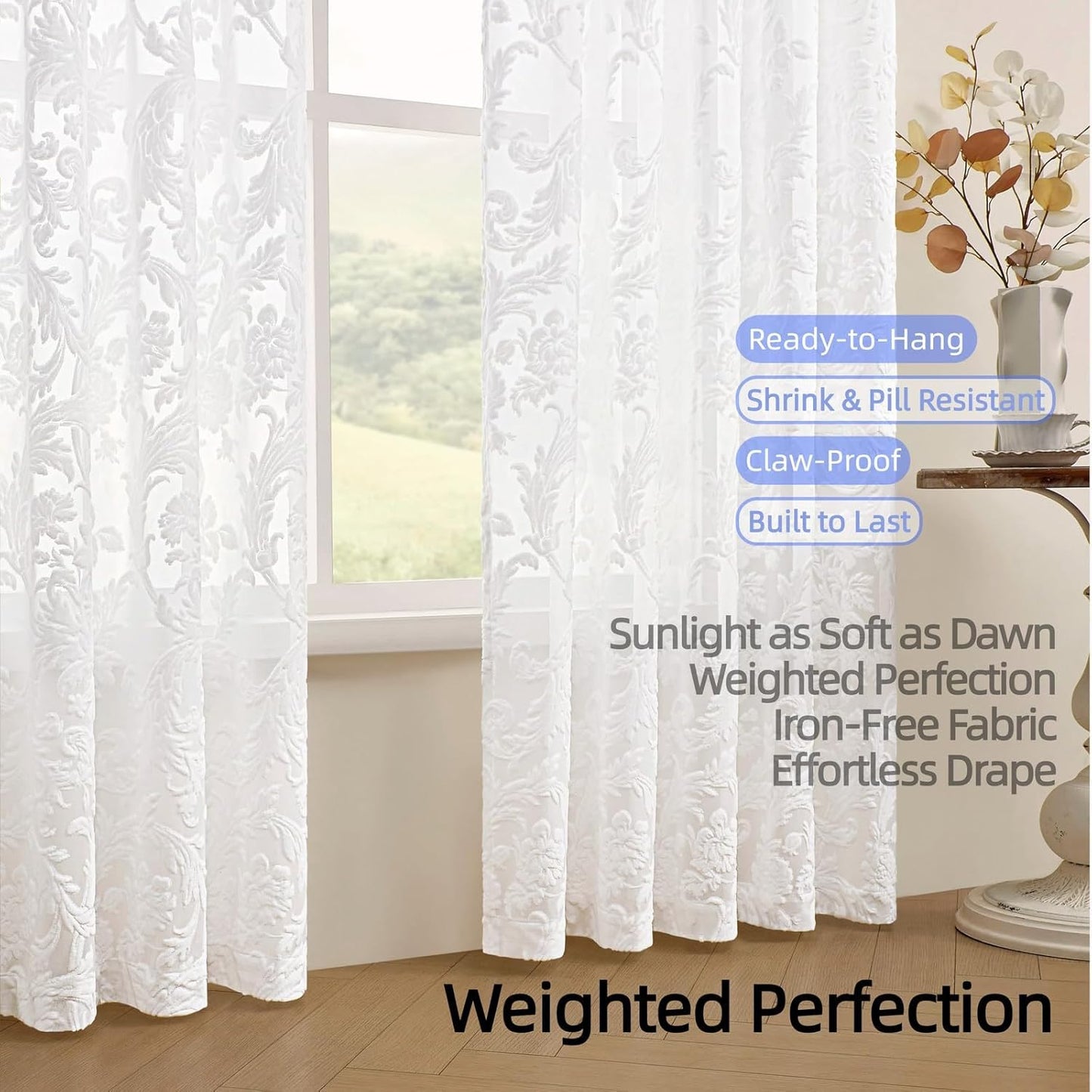 Curtains Sheer White Curtain Panels Boho Farmhouse Drapes with Vintage Floral Pattern 45" Short Length Rod Pocket for Bedroom Living Room Windows French Elegance 3D Relief, Set of 2 (52" Wide Each)