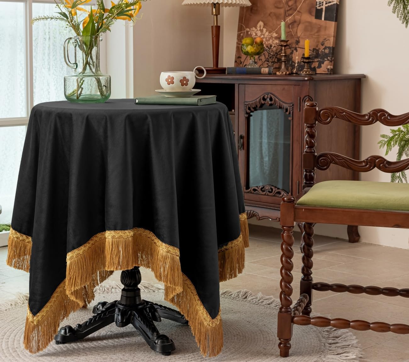 F-CHU Luxury Black Tablecloth Thickset Velvet Tablecloth with Beautiful Gold Tassels Table Cloth for Home Decor Wedding, Party, Banquet and Events 60x60-Inch