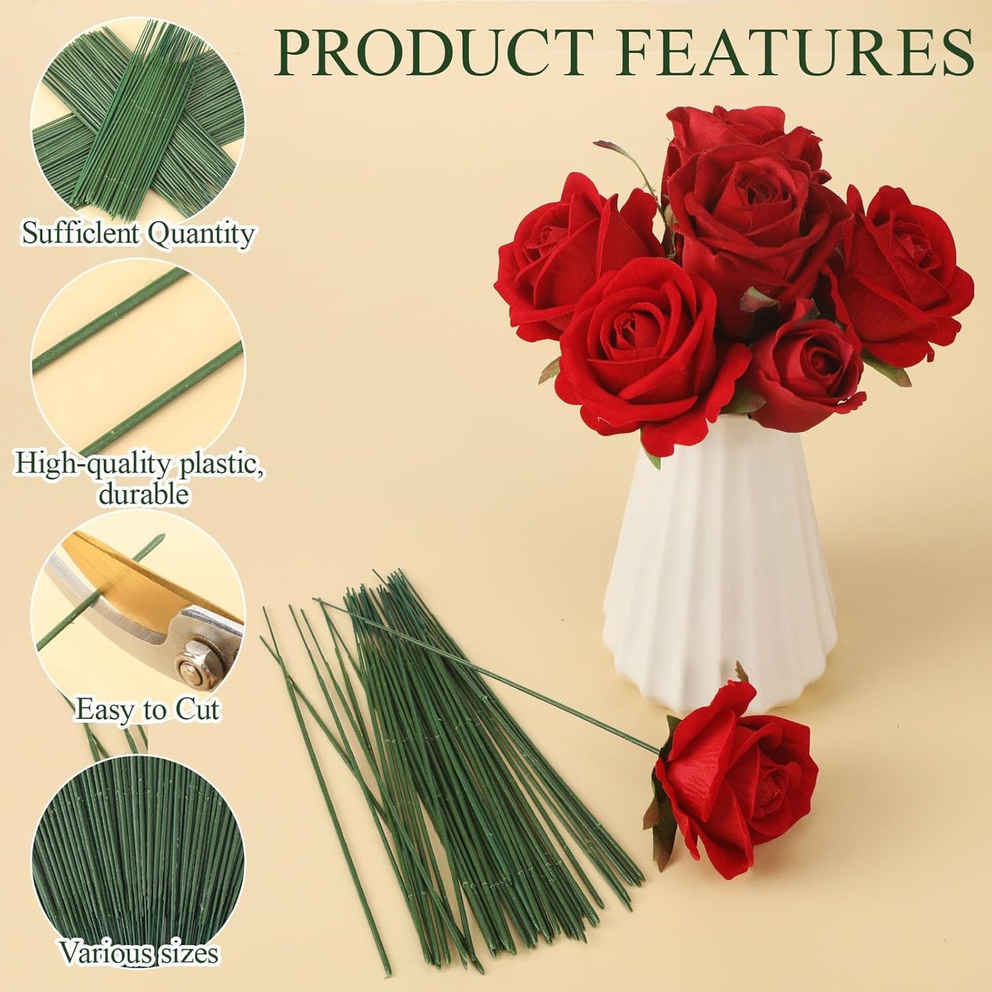 300pcs Artificial Flower Stems, 6.7in、8in、10in Plastic Green Floral Wire Stems for Artificial Flower Making, DIY Crafts Bouquet Stem Arrangements Decor Supplies