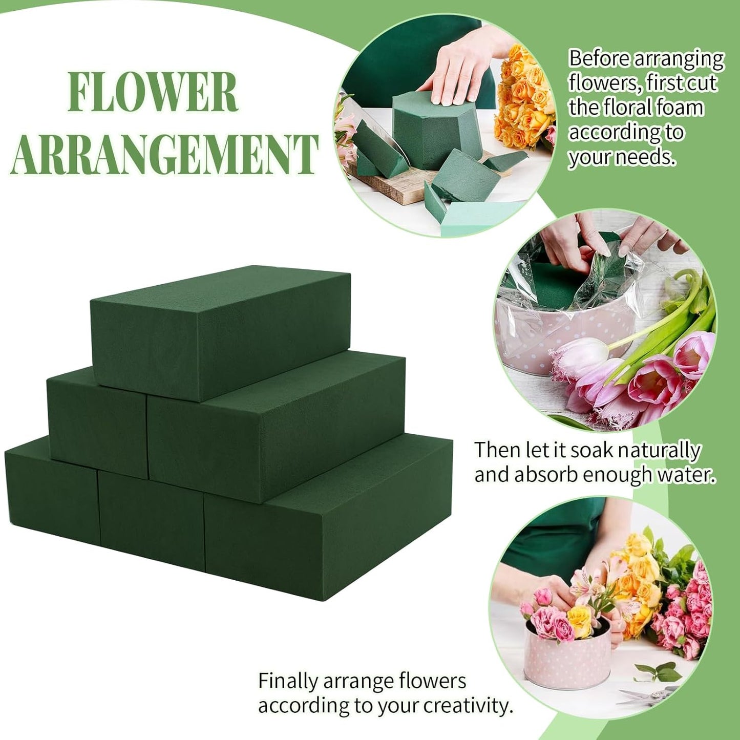 Aktor 6 Pcs Floral Foam Blocks for Fresh & Artificial Flower Arrangement, 8.8” x 4.1” x 2.7” Green Wet Foam for Wedding, Birthdays, Home, Office, and Garden Decorations