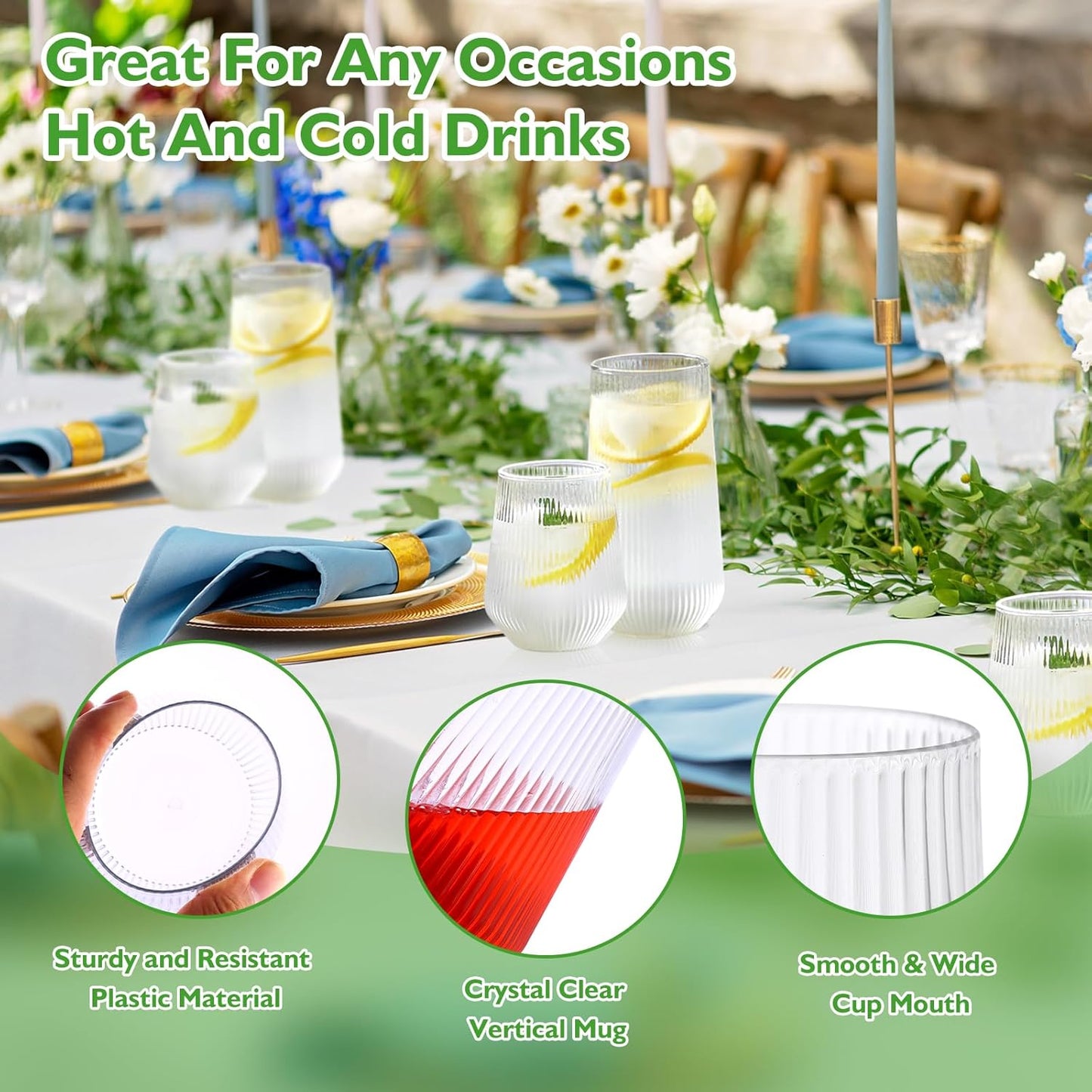 mwellewm 48 Pcs Plastic Wine Glasses Disposable Ribbed Cocktail Cups Set 9 OZ Stemless Champagne Flutes 12 OZ Origami Shatterproof Reusable Clear Party Cup for Wedding Home Office Bar Drinking