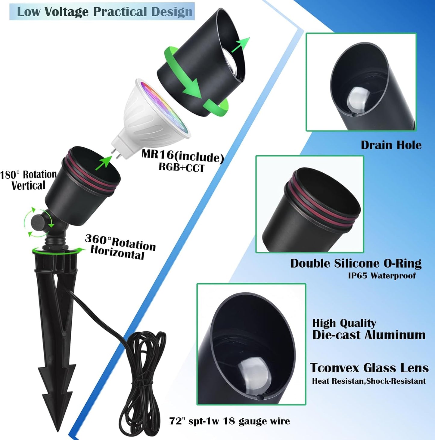 Landscape Spotlights Outdoor 12V Low Voltage with 5W Smart MR16 LED Bulbs,RGB Color Changing Tunable White IP65 Waterproof Directional Uplights for House Trees Yard Patio