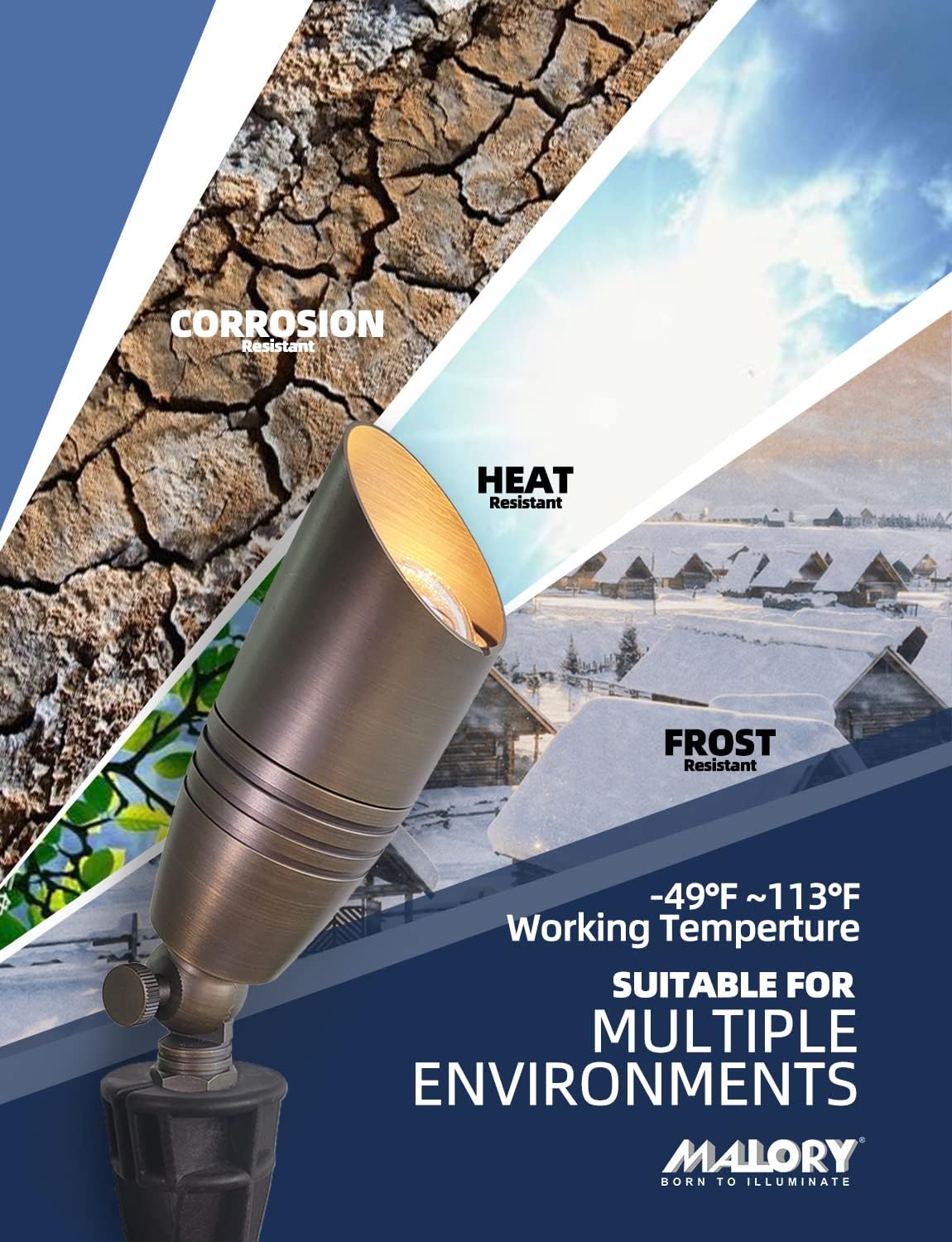 MALORY Brass Landscape Spotlights 4-Pack with Bulb Kit(S02), Low Voltage 12V AC/DC LED Outdoor Spot Uplights for House and Tree,PVC Ground Stake and Wire Connector Included, 5W 2700K Warm White