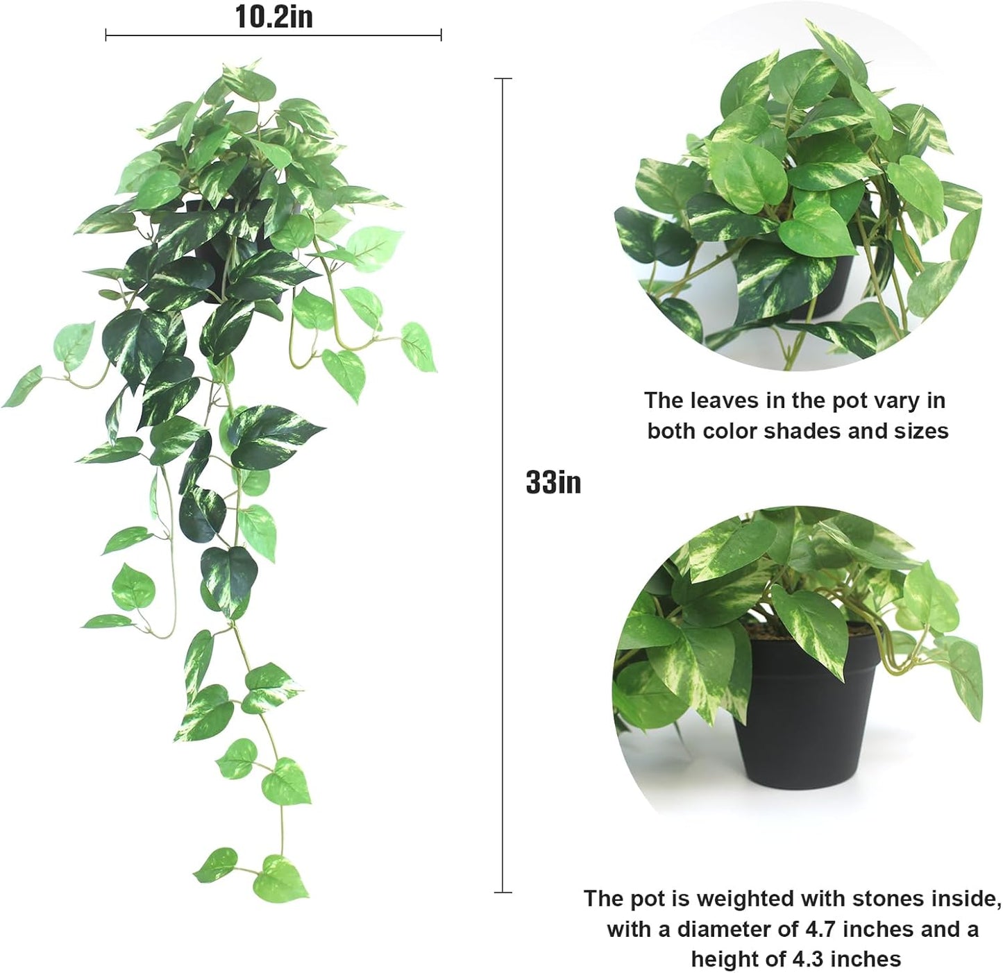 Fake Pothos Hanging Plants - 33" Set of 2 Artificial Silk Ivy Vines with Pots, Realistic Faux Greenery for Indoor Home Decor, Low Maintenance Hanging Plant Decoration (Golden Green)