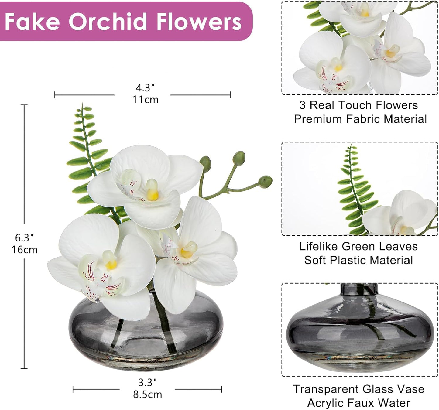 White Orchids Artificial Flowers Faux Orchids Arrangement in Black Glass Vases Set of 3 Real Touch Phalaenopsis Orchid Flowers Small Fake Orchid Centerpiece for Dining Room Table