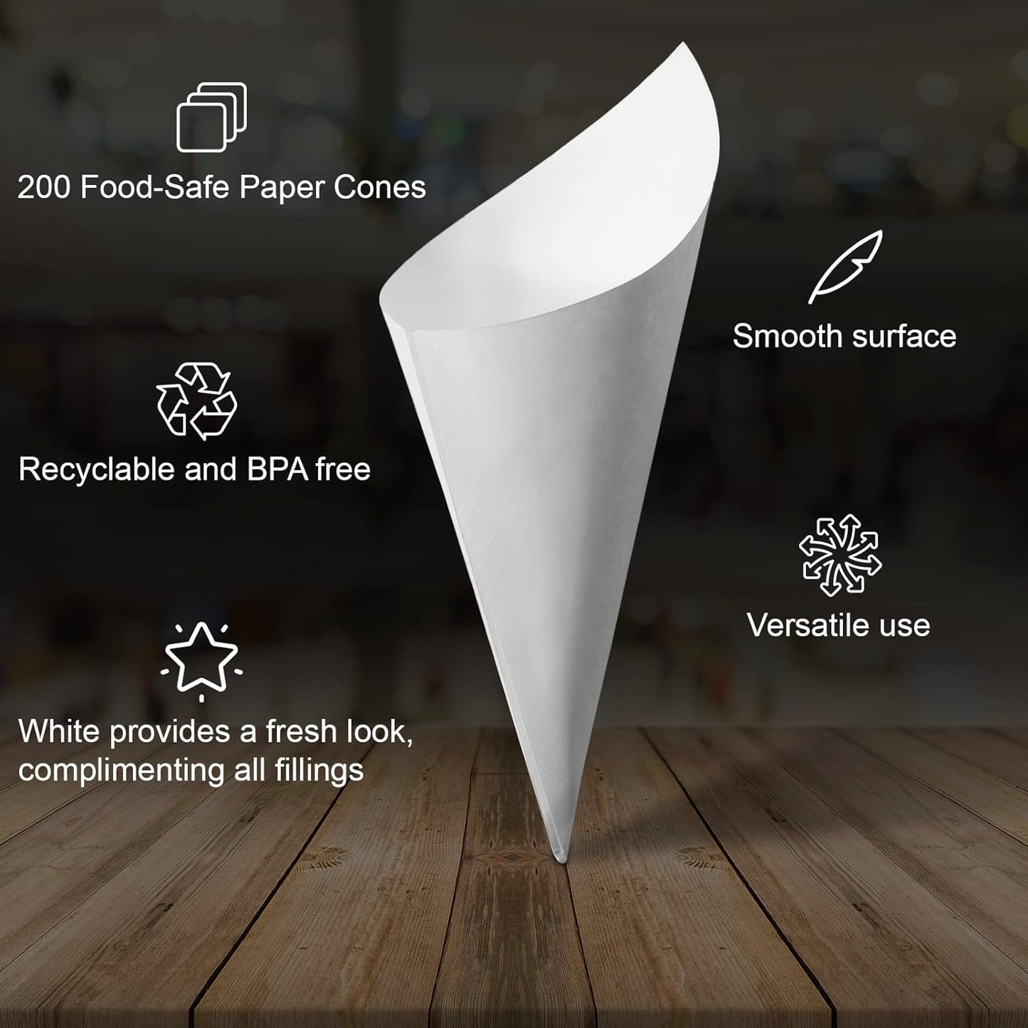 MONTX® 200-Pack Disposable Food Cones | 7" or 6" | White Food-Safe Paper Charcuterie Cones for Appetizers, Popcorn, Snacks, Confetti | Eco-Friendly Alternative to Wood Cones (6 Inch)