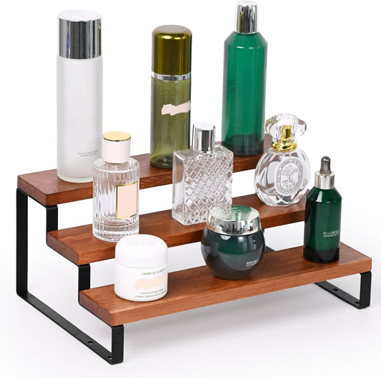 3 Tier Wooden Display Riser Stand Perfume Organizer with Metal Stand, Dessert Table Display Set, Food Display Stands for Party, Brown Rustic Solid Wood Shelf for Cupcakes, Perfume, Cologne, Spiece