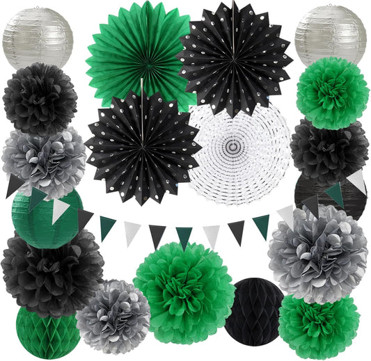 Black Green Silver Football Party-Decorations - 20pcs Soccer Theme Graduation Paper Lanterns Fans,Tissue Pom Poms,Honeycomb Balls,Men Boys Birthday Sports Spring Jungle Baby Shower Decor Burgleda