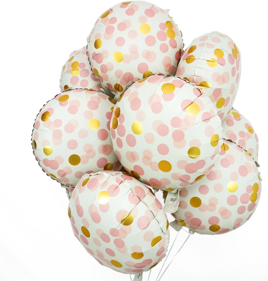 10 Pcs Pink Polka Dot Foil Balloons, 18" Foil Round Balloons with Pink Gold Dots, Helium-Friendly Foil Balloons for Women Girls Birthday Decor, Baby Showers, Bridal Shower, Bachelorette Party, Wedding