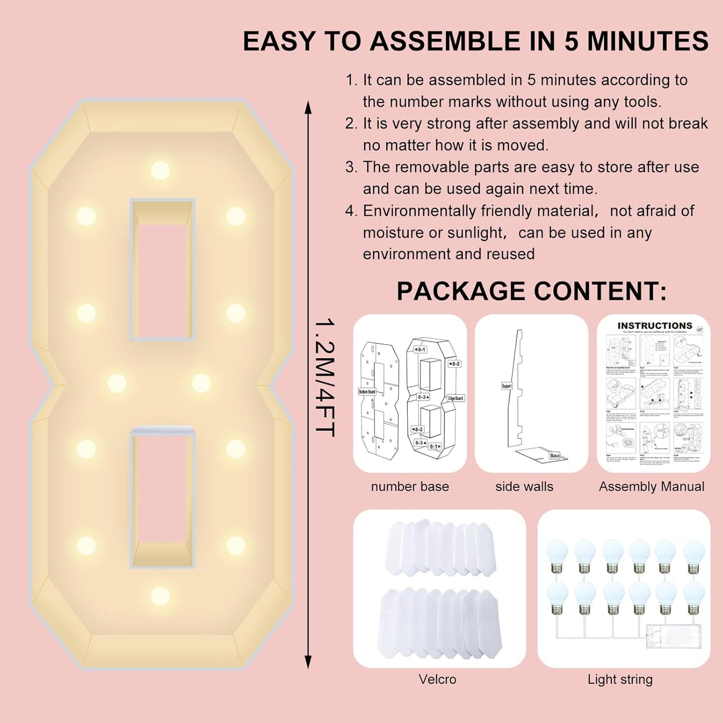 4FT Plastic Marquee Numbers 8 - Light up Numbers Are Made from Corrugated Plastic Board - Quick Assembly Without Tools, Disassembled Components Can Be Used for Photo Wall Decoration, Yard Sale Signs