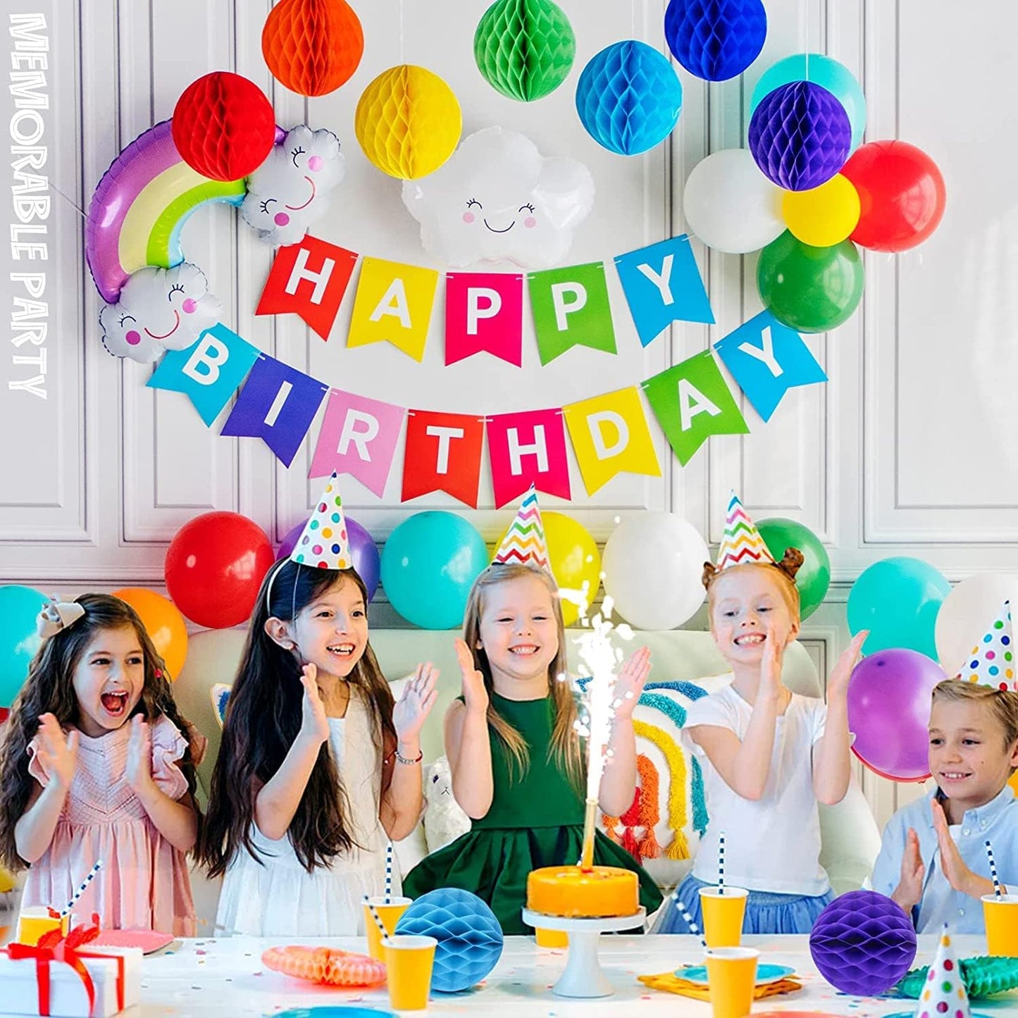 Colorful Rainbow Hanging Tissue Paper Honeycomb Balls Pride Party Decorations Pom Poms for Rainbow Sunshine Cloud Sun Themed Birthday Baby Shower Gender Reveal Wedding Party Décor