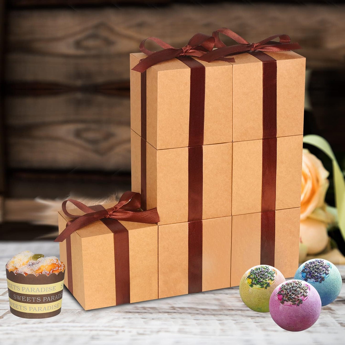 50 Pack Small Gift Boxes, 3x3x3 Favor Boxes Brown Paper Gift Boxes with Lids for Presents, Crafting, Cupcake Boxes, Gifts, Candy Boxes for Wedding Party Bridal Shower Baby Shower Favors