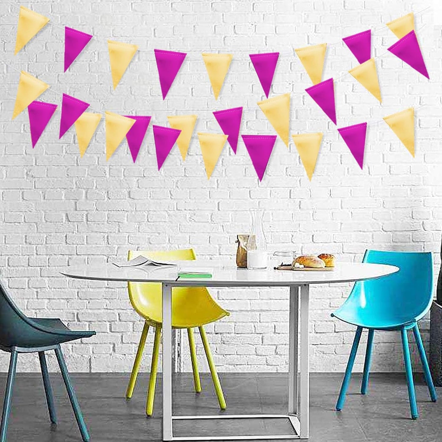 MerryNine Triangle Flag Bunting Banner, 3 Pack Vintage Style Pennant Banner for Wedding, Baby Shower, Event & Party Supplies 45pcs Flags (Purple Gold)