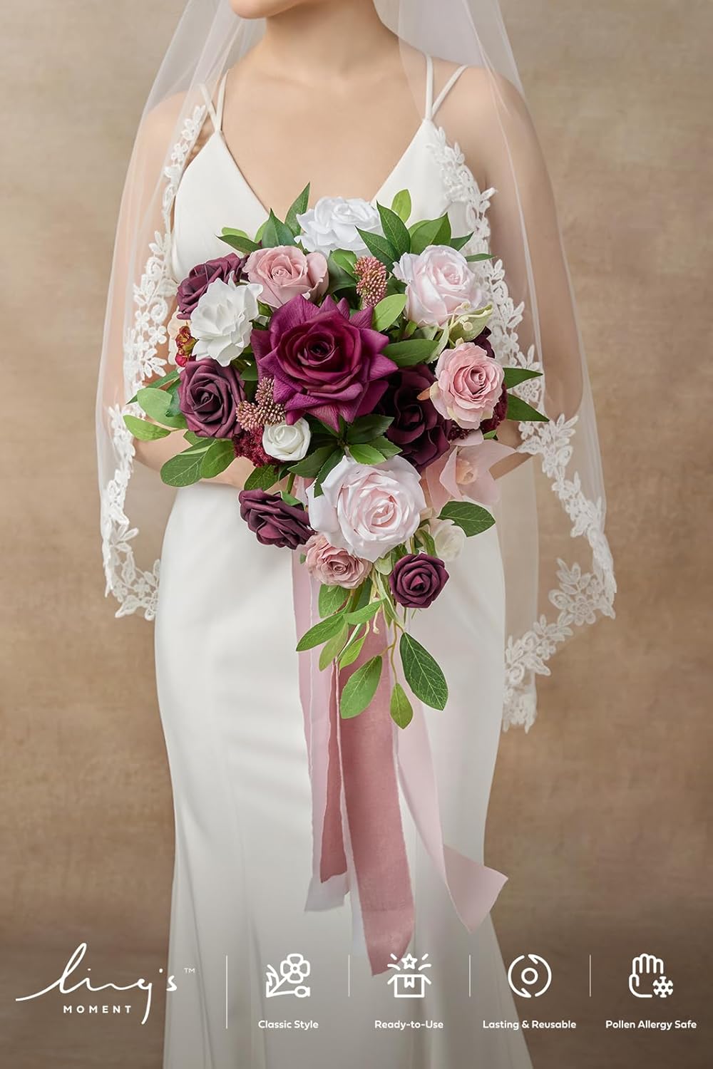 Ling's moment Burgundy Cascading Bridal Bouquet, Marsala Wedding Bouquets for Bride, 13 Inch Birde Bouquet Artificial Wedding Flower Bouquet