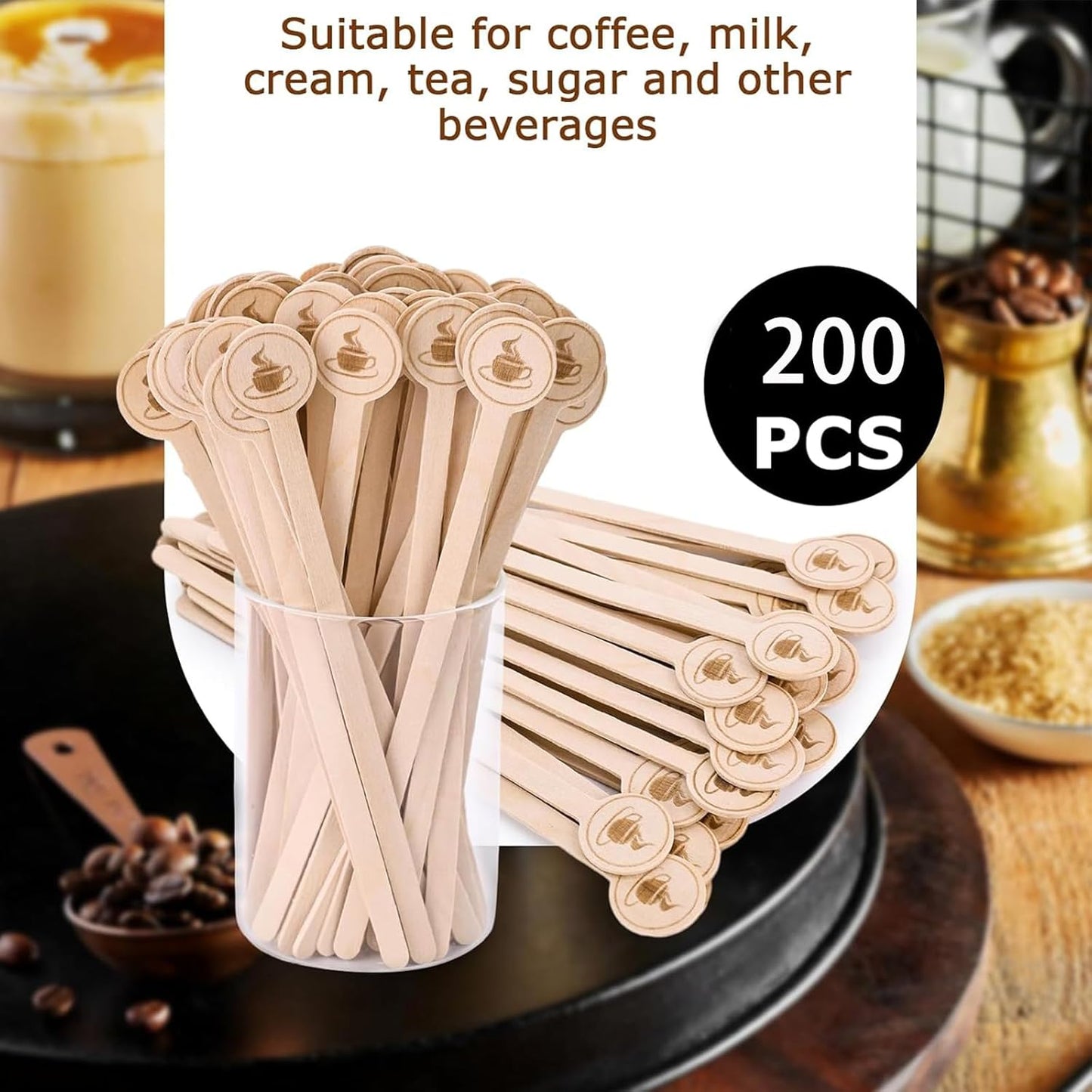 200Pcs Coffee Stirrers- 5.9 Inch Natural Wooden Coffee Stirrers With Round Ends, Disposable Biodegradable Cafe Grade Coffee Stir Sticks Wood Beverage Mixer for Coffee Cocktails Milk Tea